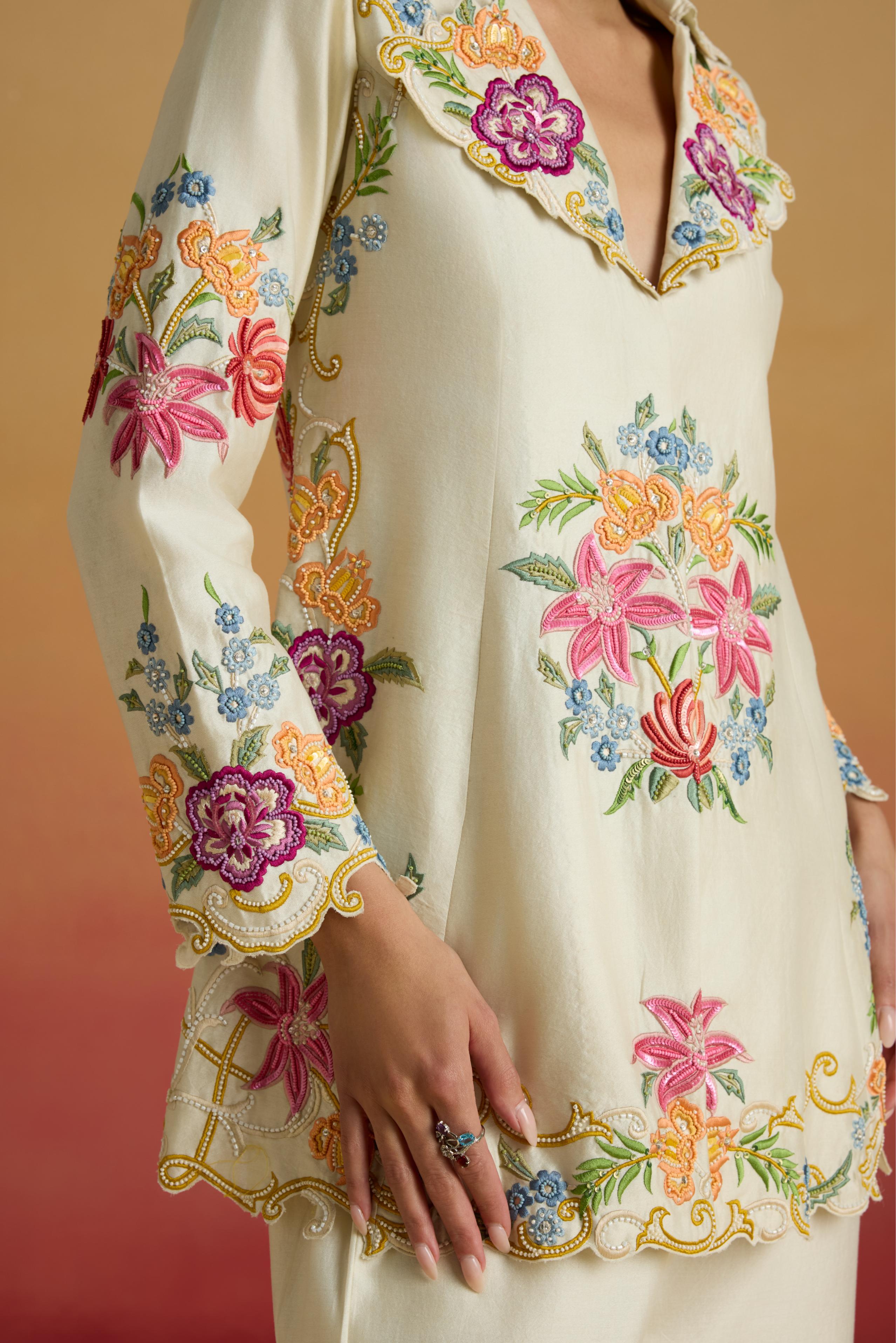 IVORY THREADWORK AND BEADWORK FLARED JACKET