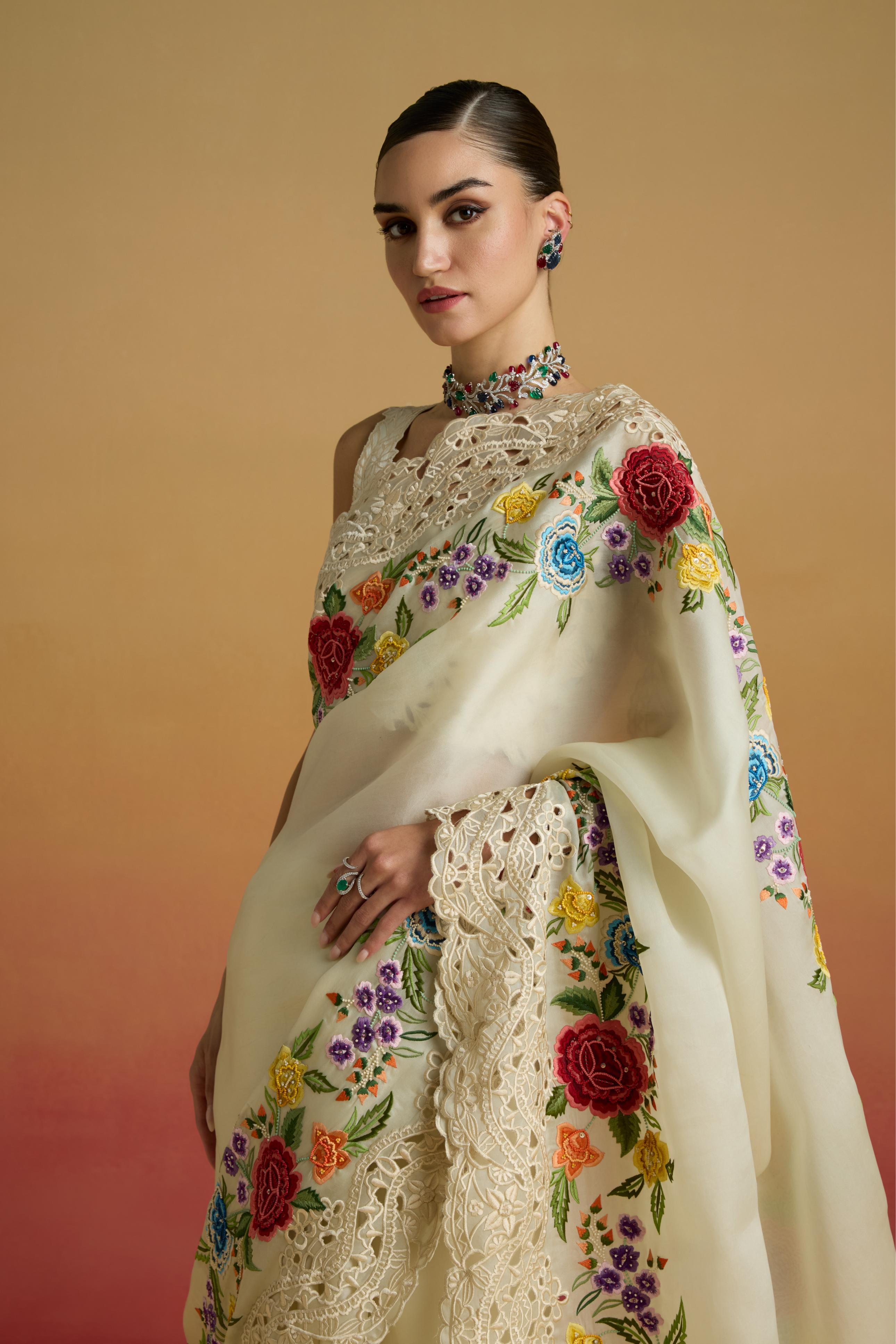 IVORY CUTWORK AND FLORAL THREADWORK SAREE