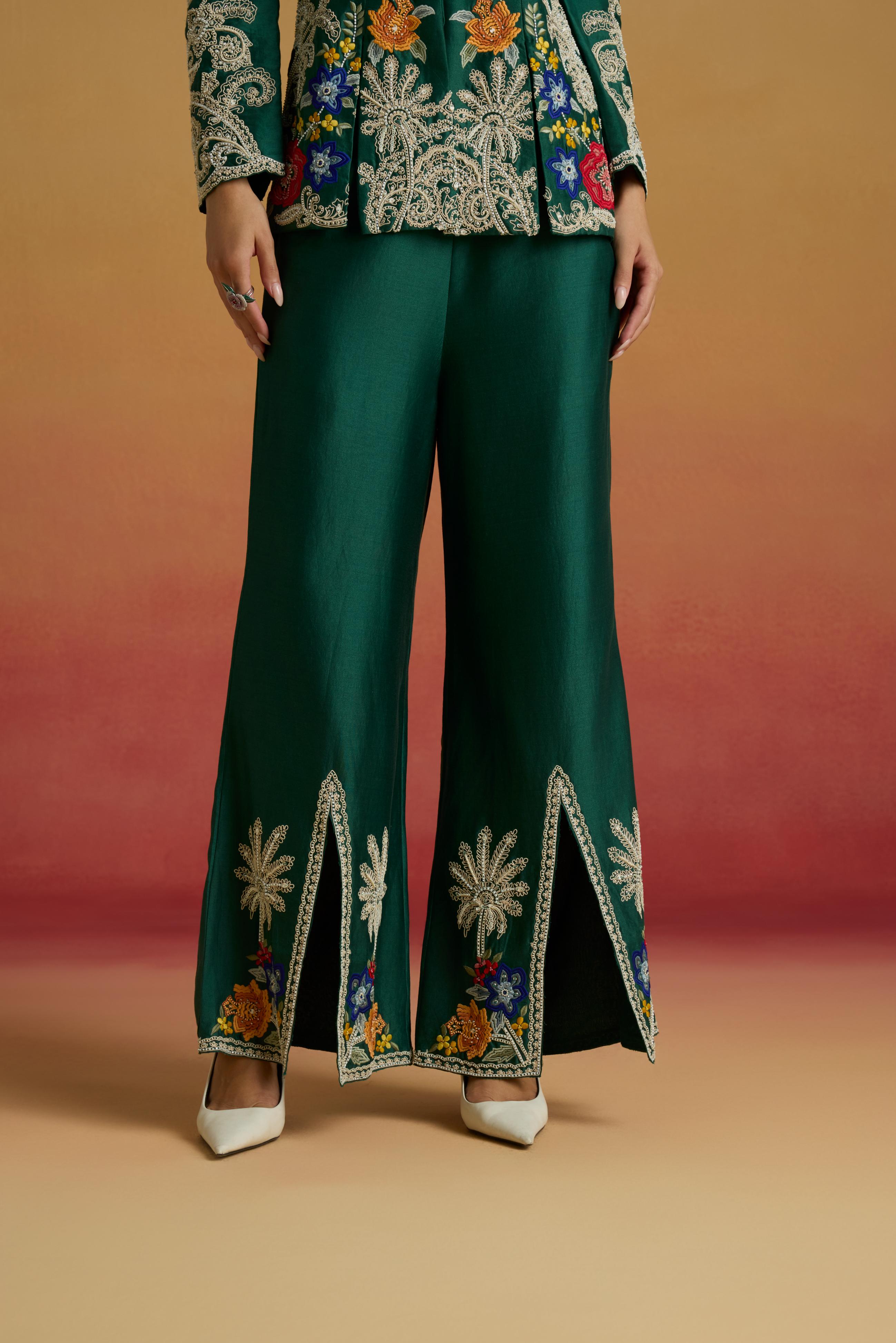 EMERALD CONTRAST CORDWORK BELL BOTTOM PANTS