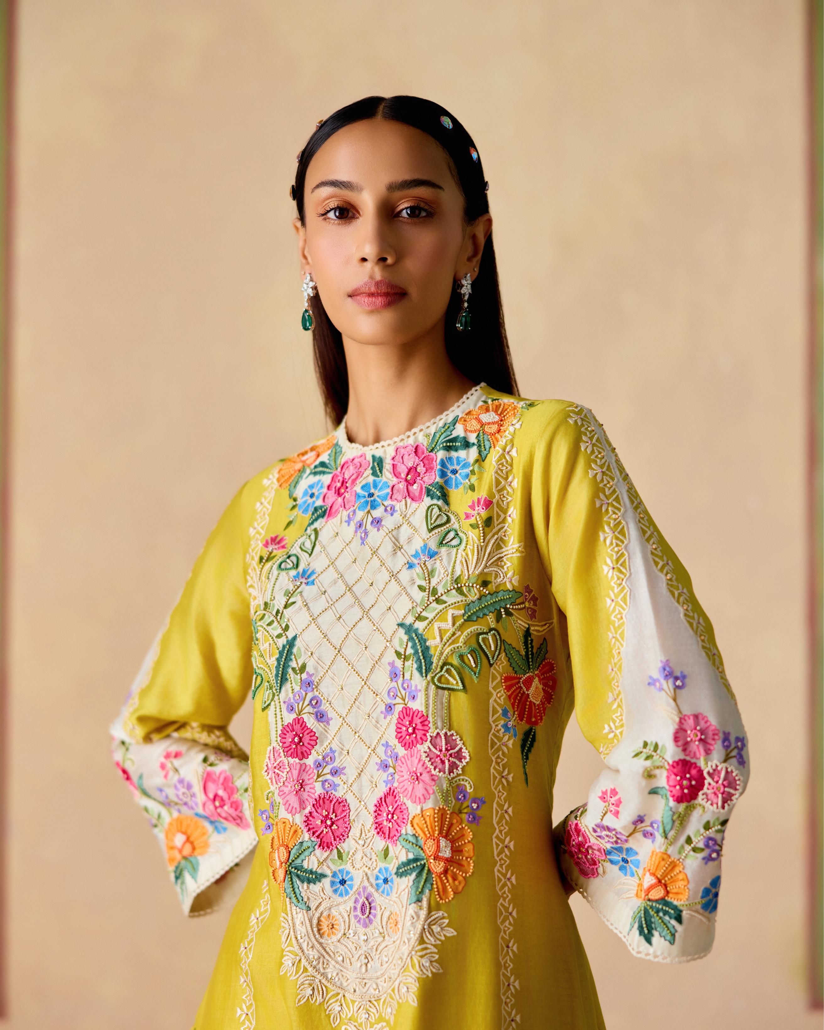 YELLOW AND IVORY EMBROIDERED KURTA WITH SHEER PANEL PANTS