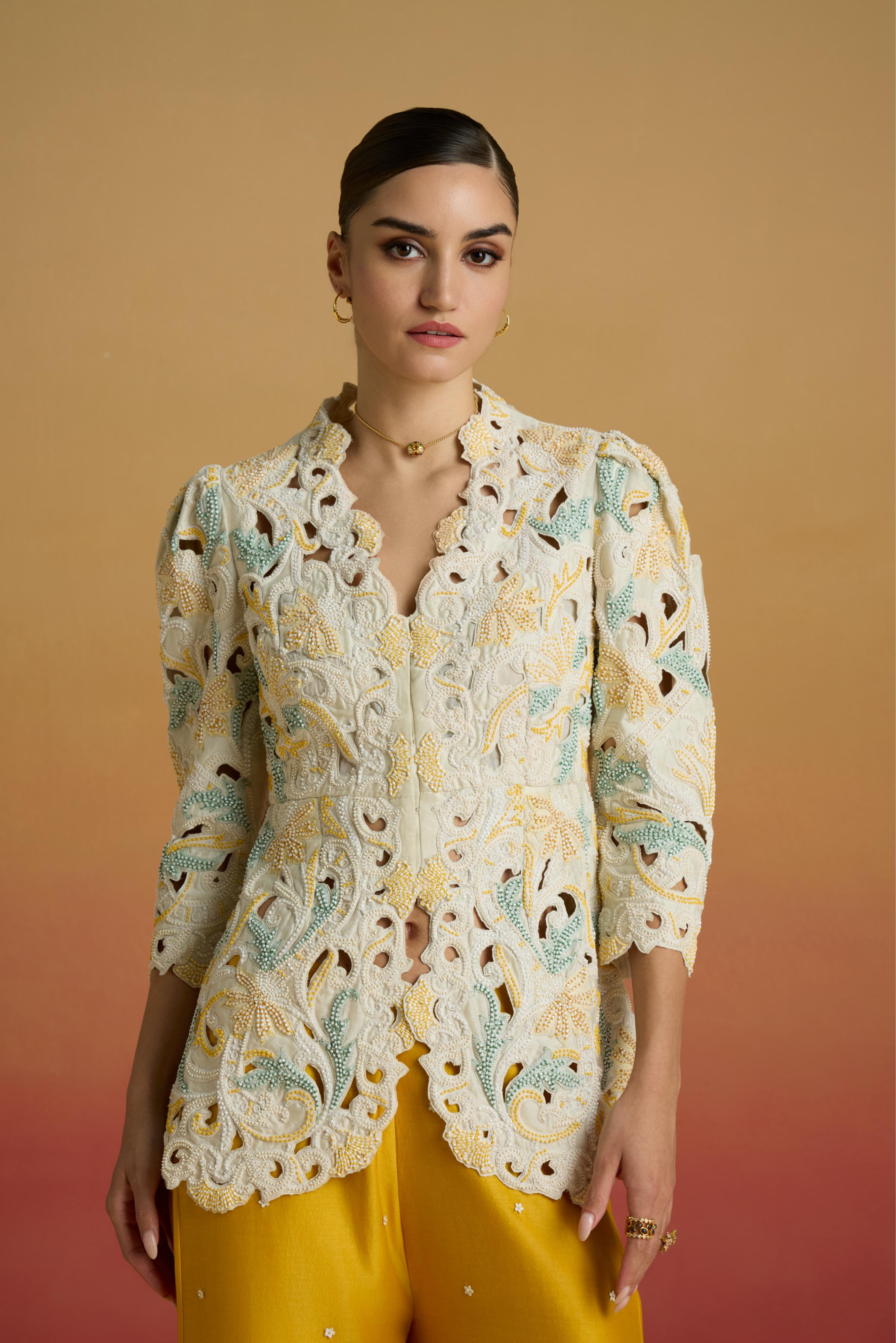 IVORY CORDWORK AND BEADWORK PEPLUM JACKET