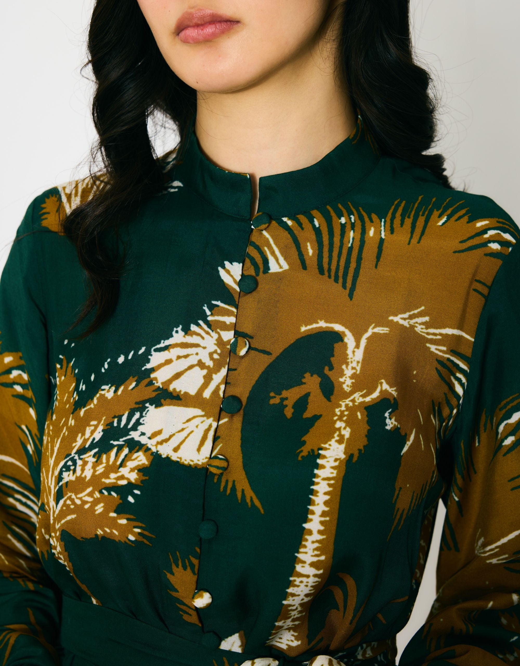 DARK GREEN AND MUSTARD FLORAL LONG SHIRT DRESS