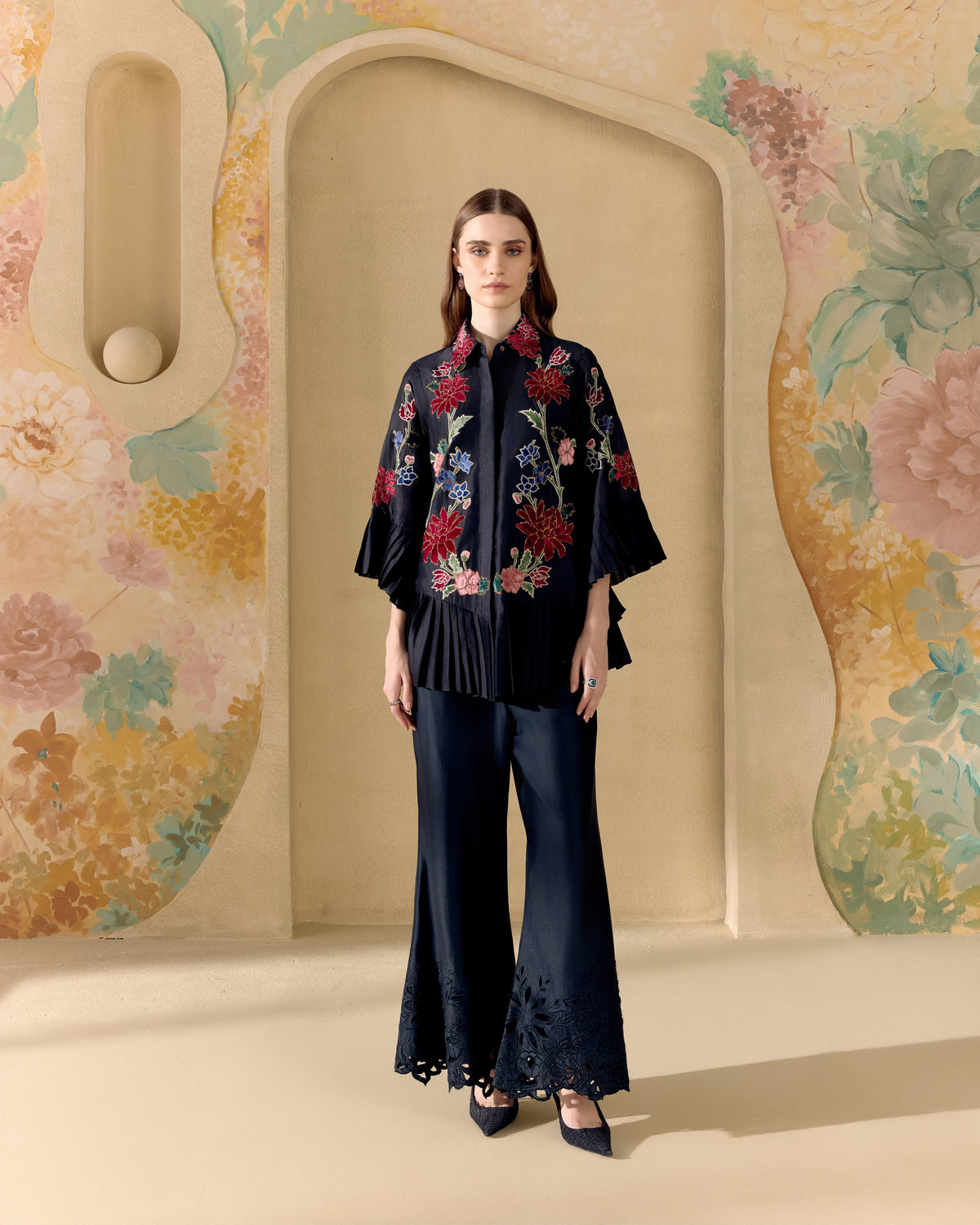 Black Botanica Pleated Shirt