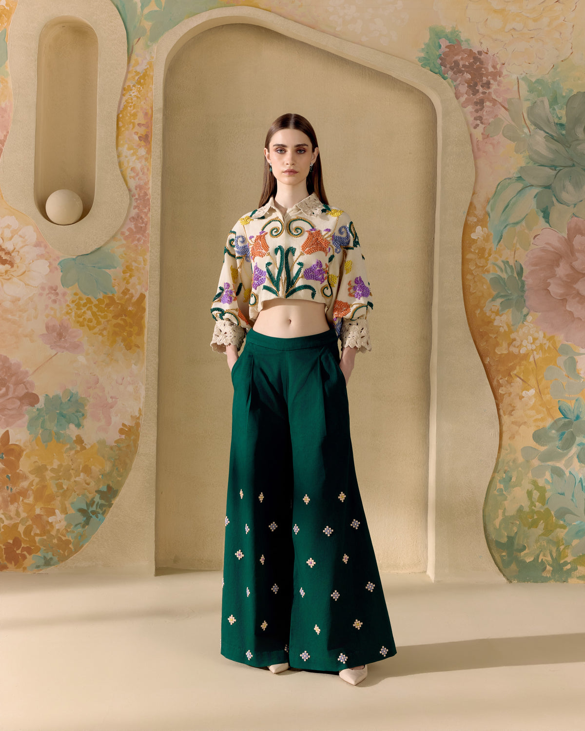 Emerald Green Mosaic Beadwork Flared Pants