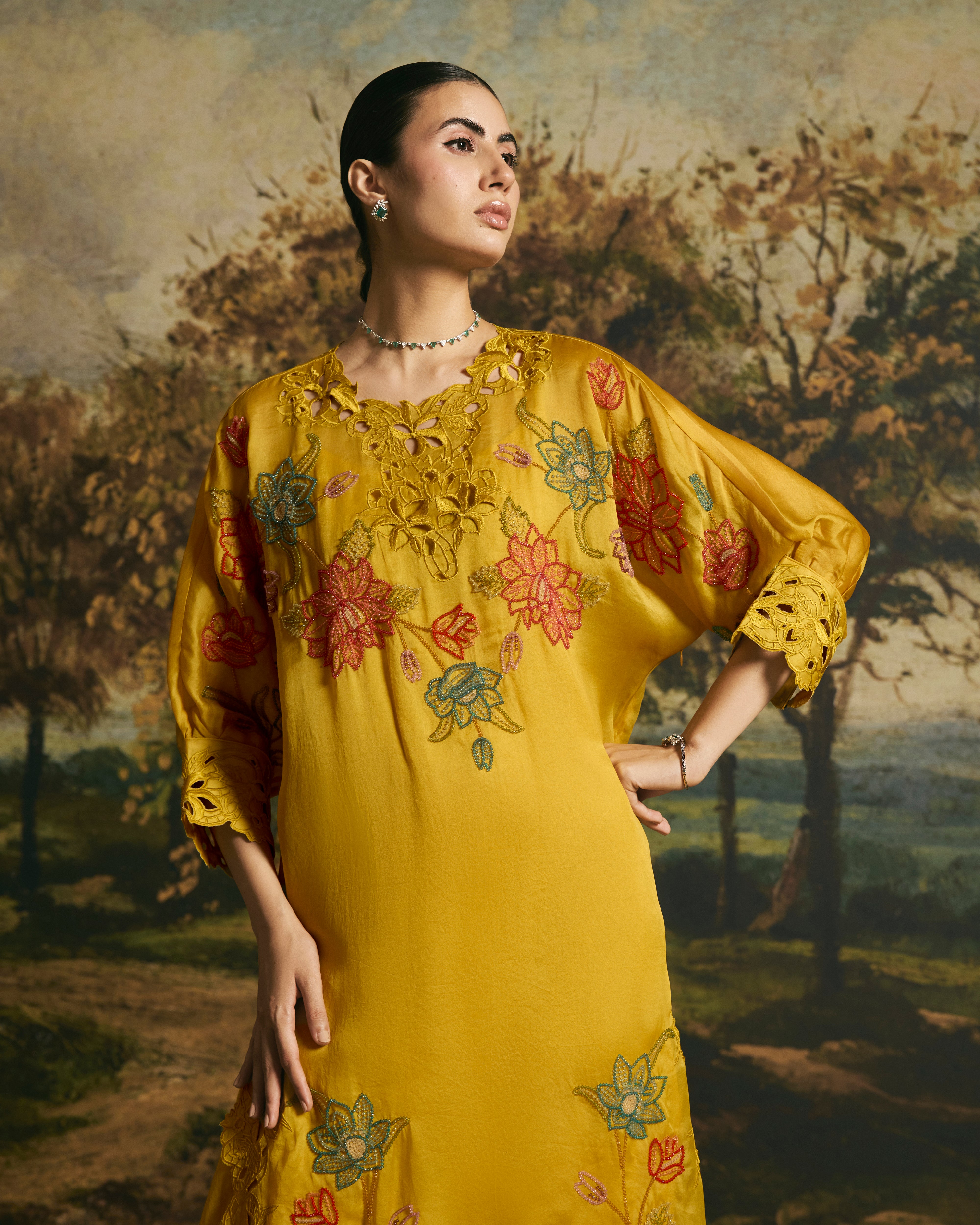 AMBER YELLOW BLOSSOM KIMONO KURTA WITH PANTS