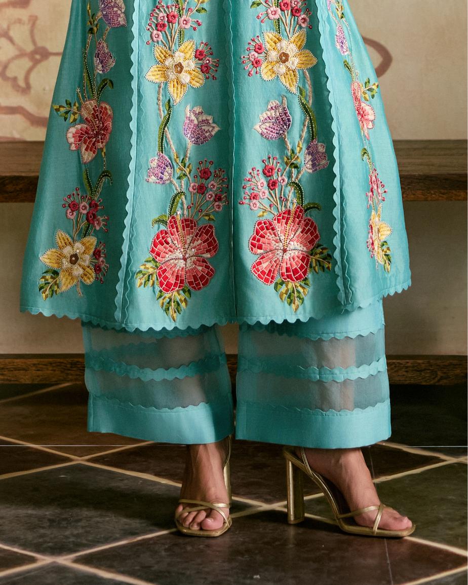 AQUA MOSAIC FLORAL VINES KURTA WITH SHEER DETAIL PANTS