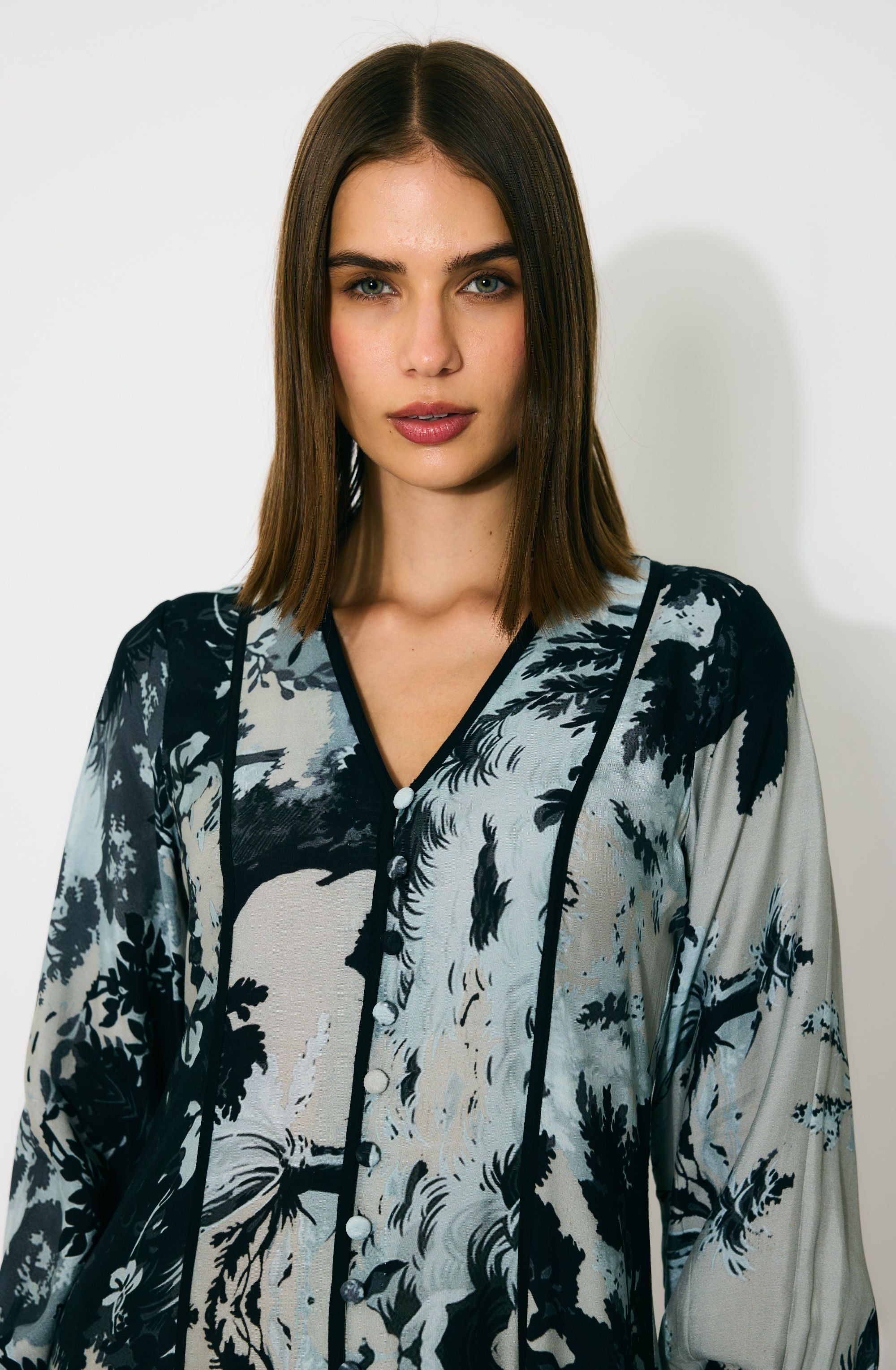 BLUE AND BLACK TOILE PRINT DRESS