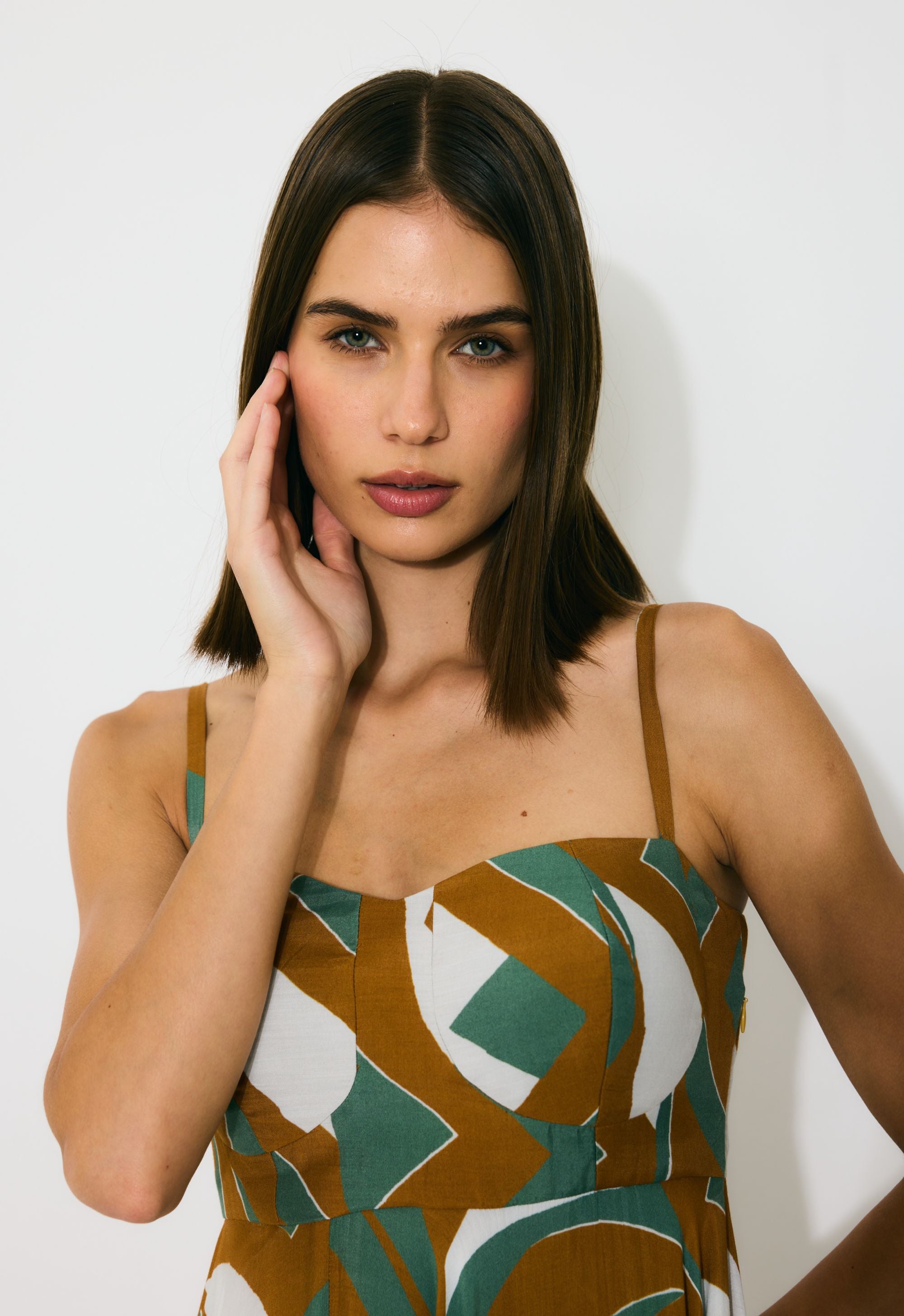 GREEN, BROWN AND CREAM PATTERN MIDI DRESS