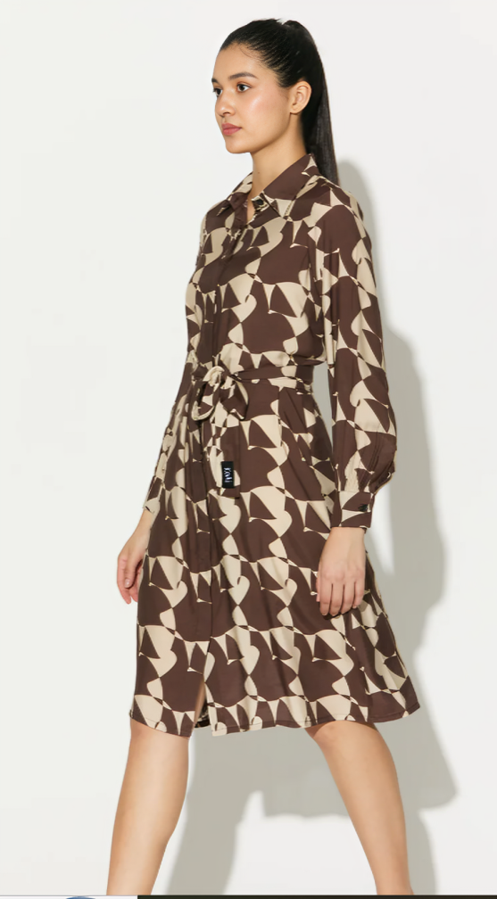 Brown And White Abstract Shirt Dress