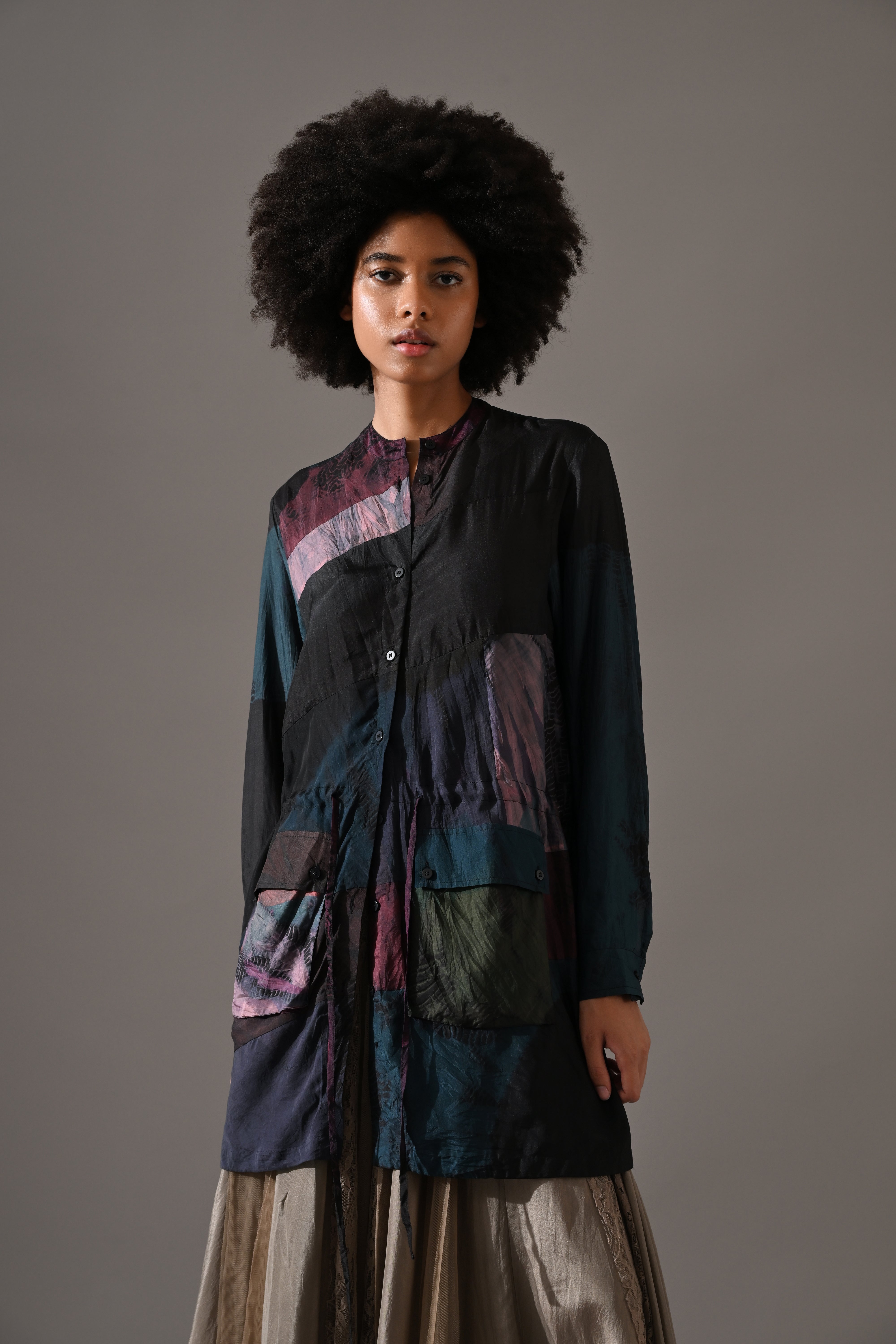 Beige Multi Patchwork and Placement Tie Dye Skirt Set