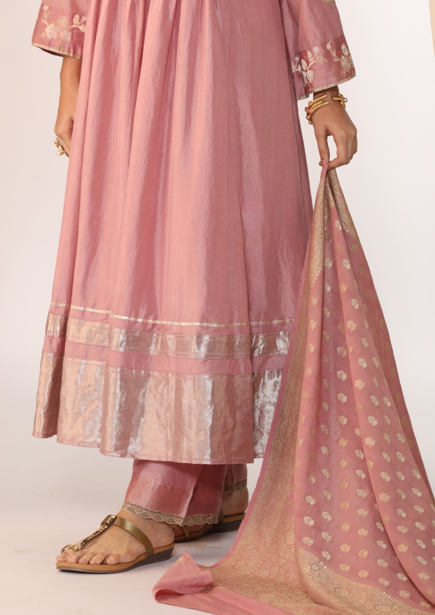 Silk Pintucked Kurta With Handwork Embroidery With Benarsi Border At Hem Paired With Pants & Dupatta