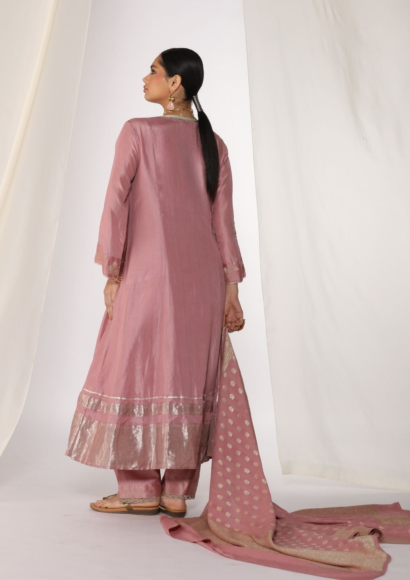 Silk Pintucked Kurta With Handwork Embroidery With Benarsi Border At Hem Paired With Pants & Dupatta