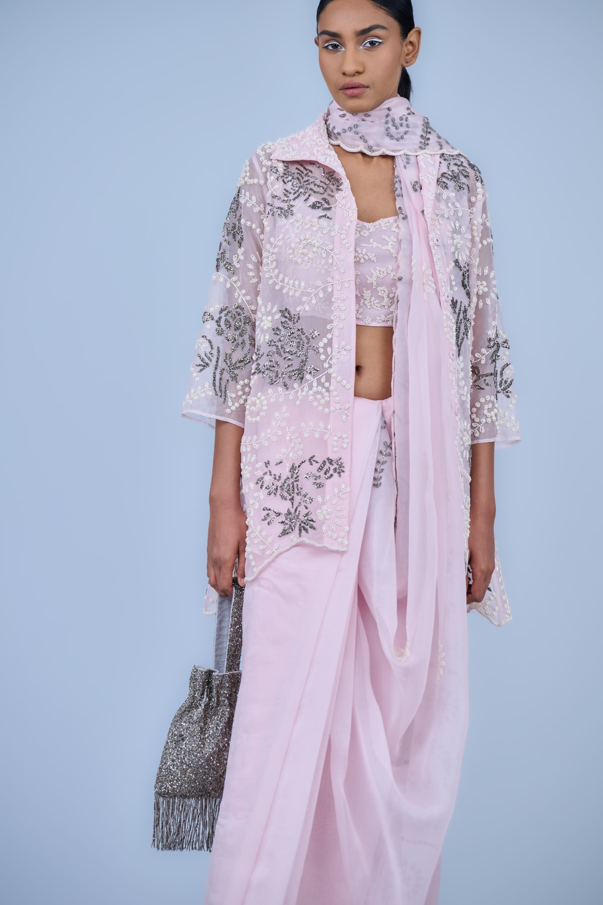 Powder Slv Ec Silk Organza Sari