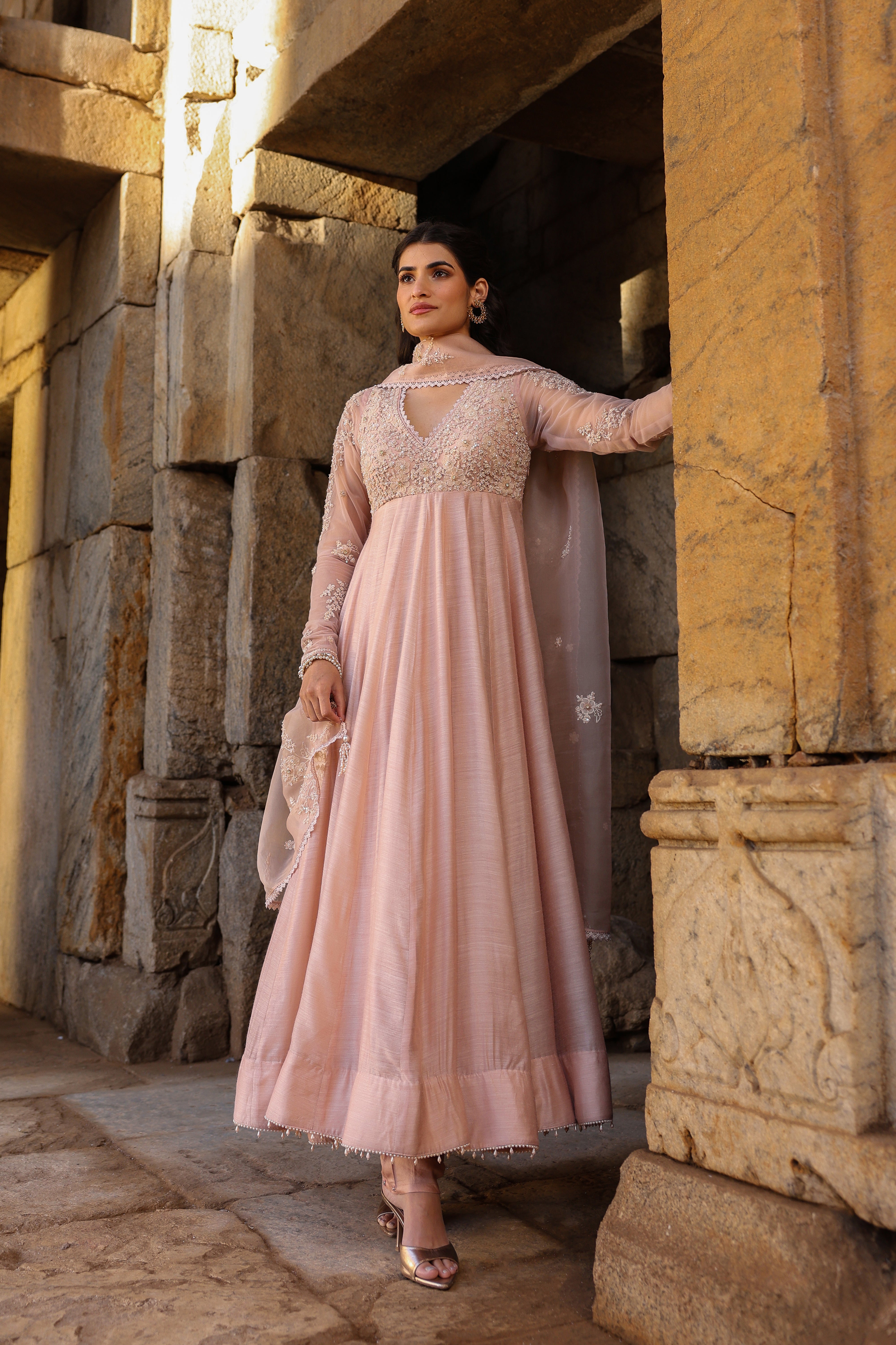 Vaayu Light Pink Applique Kalidar Set