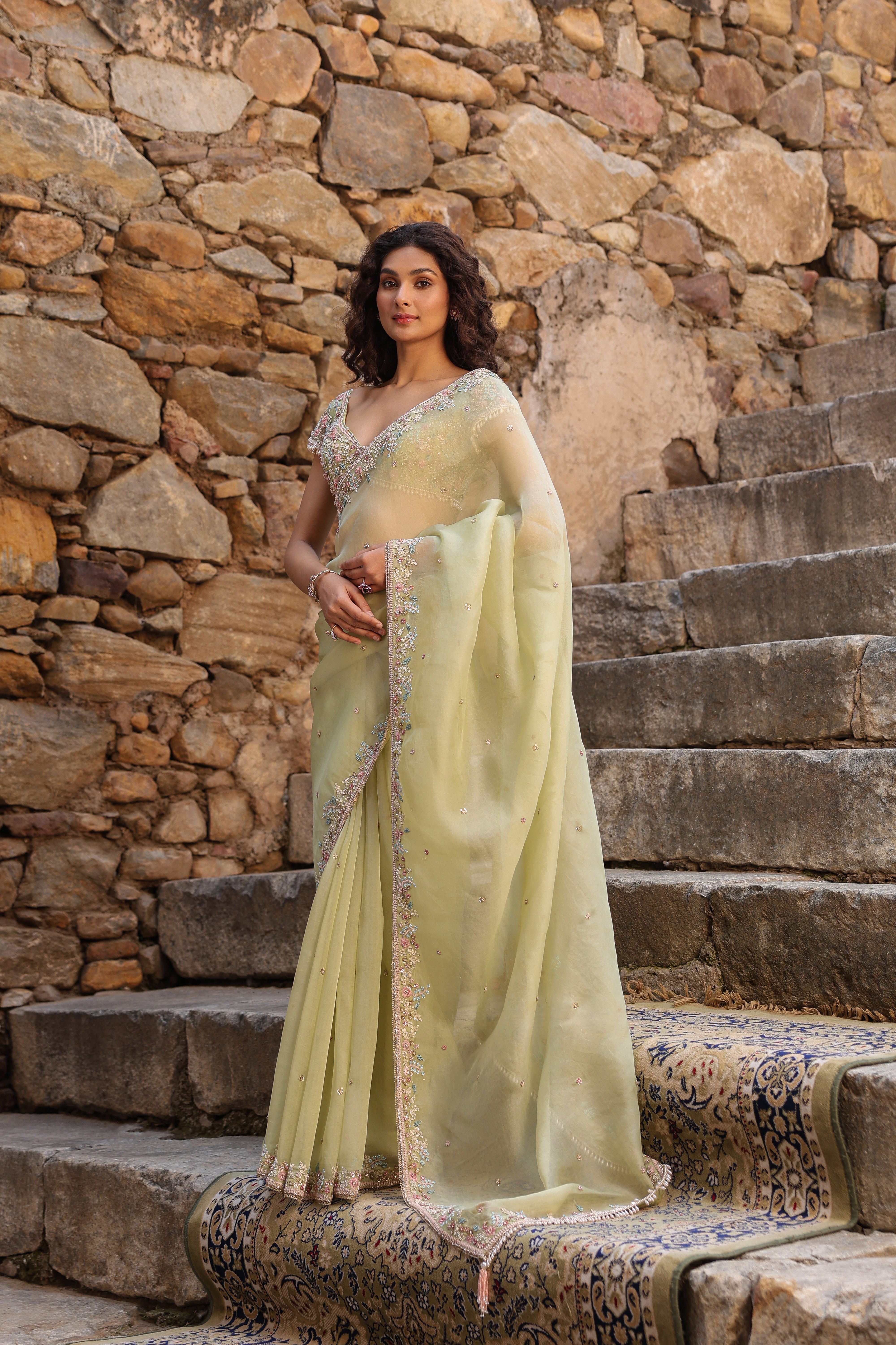 Vaayu Green Multicolor Border Saree Set