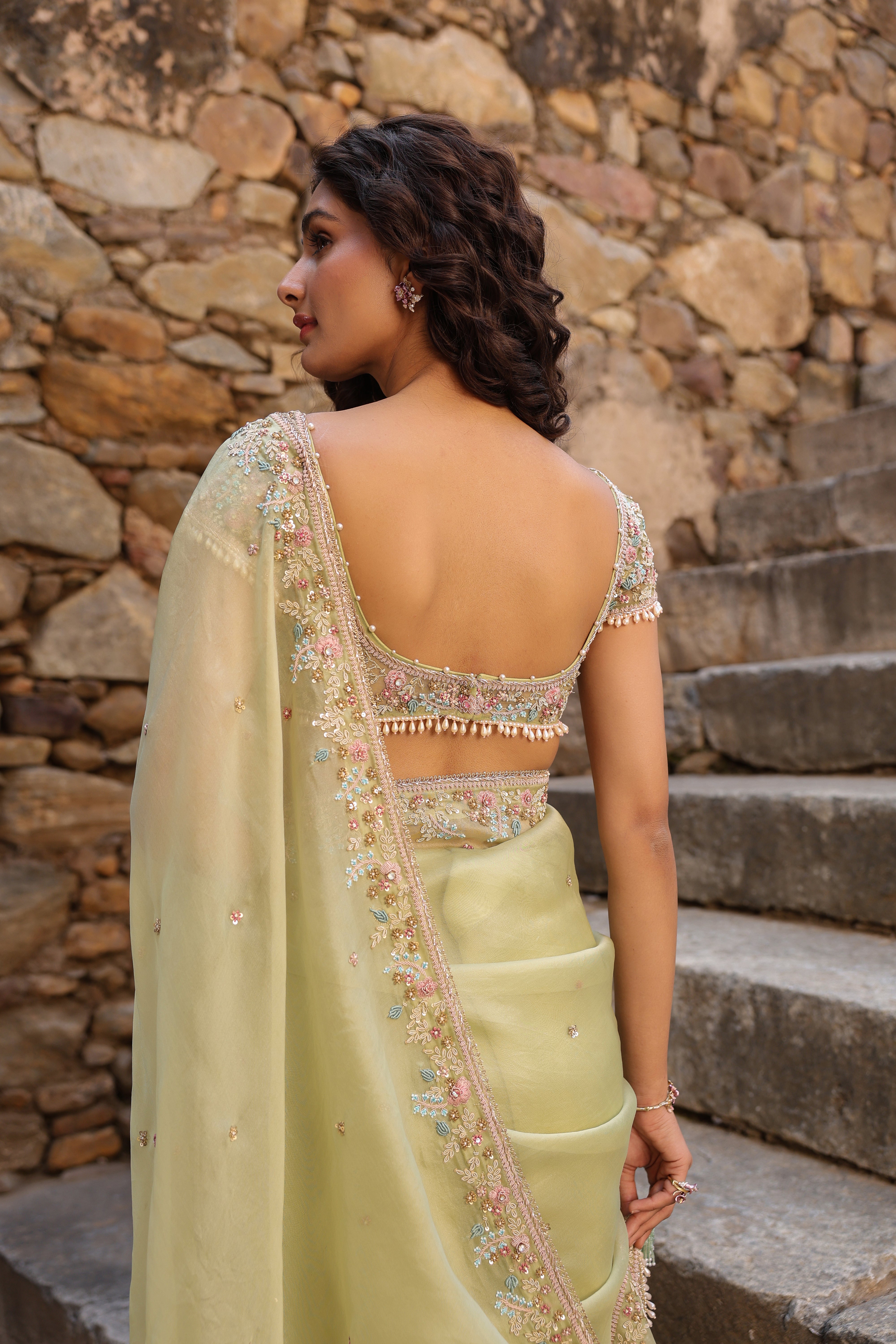 Vaayu Green Multicolor Border Saree Set