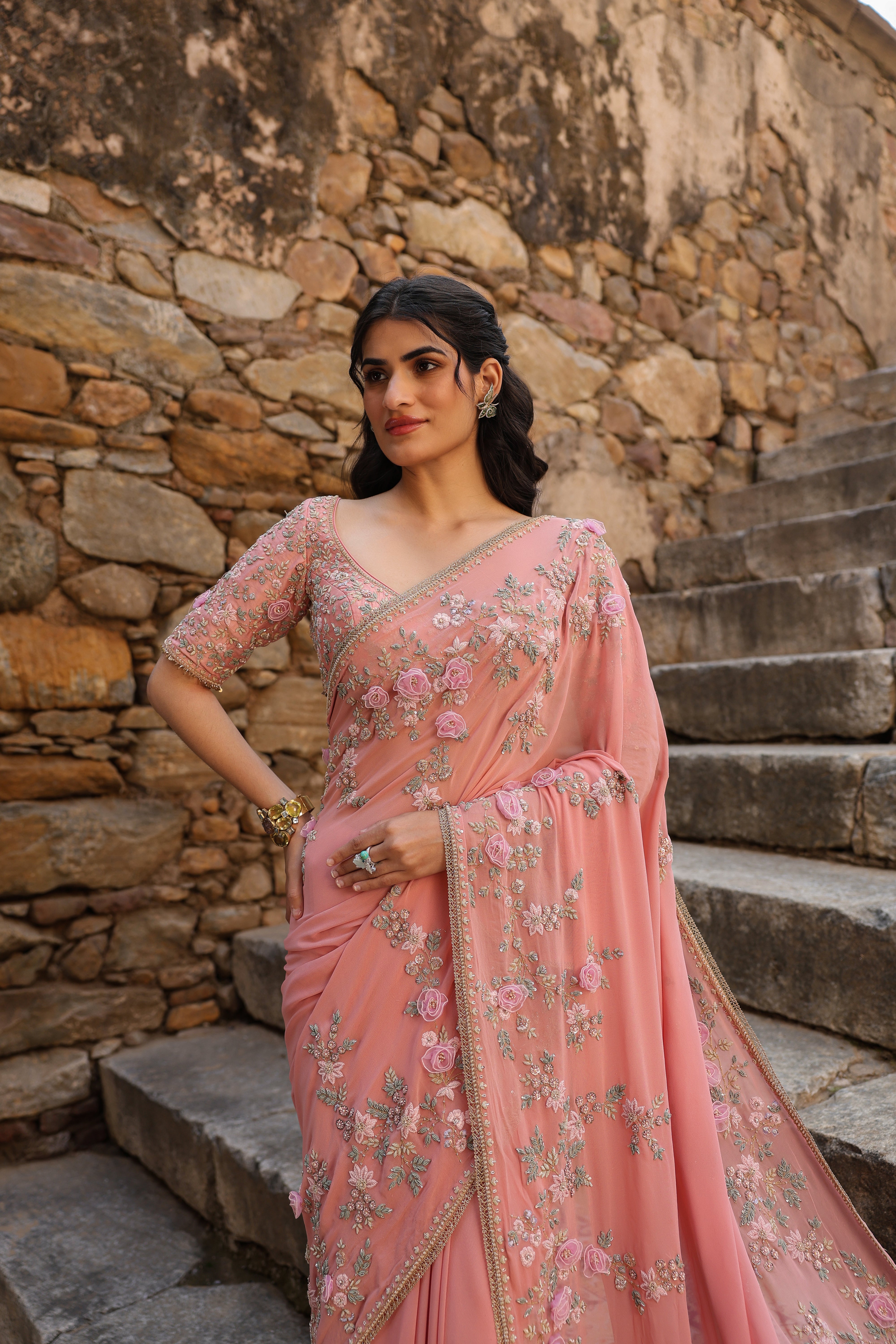 Vaayu Pink Jaal Saree Set
