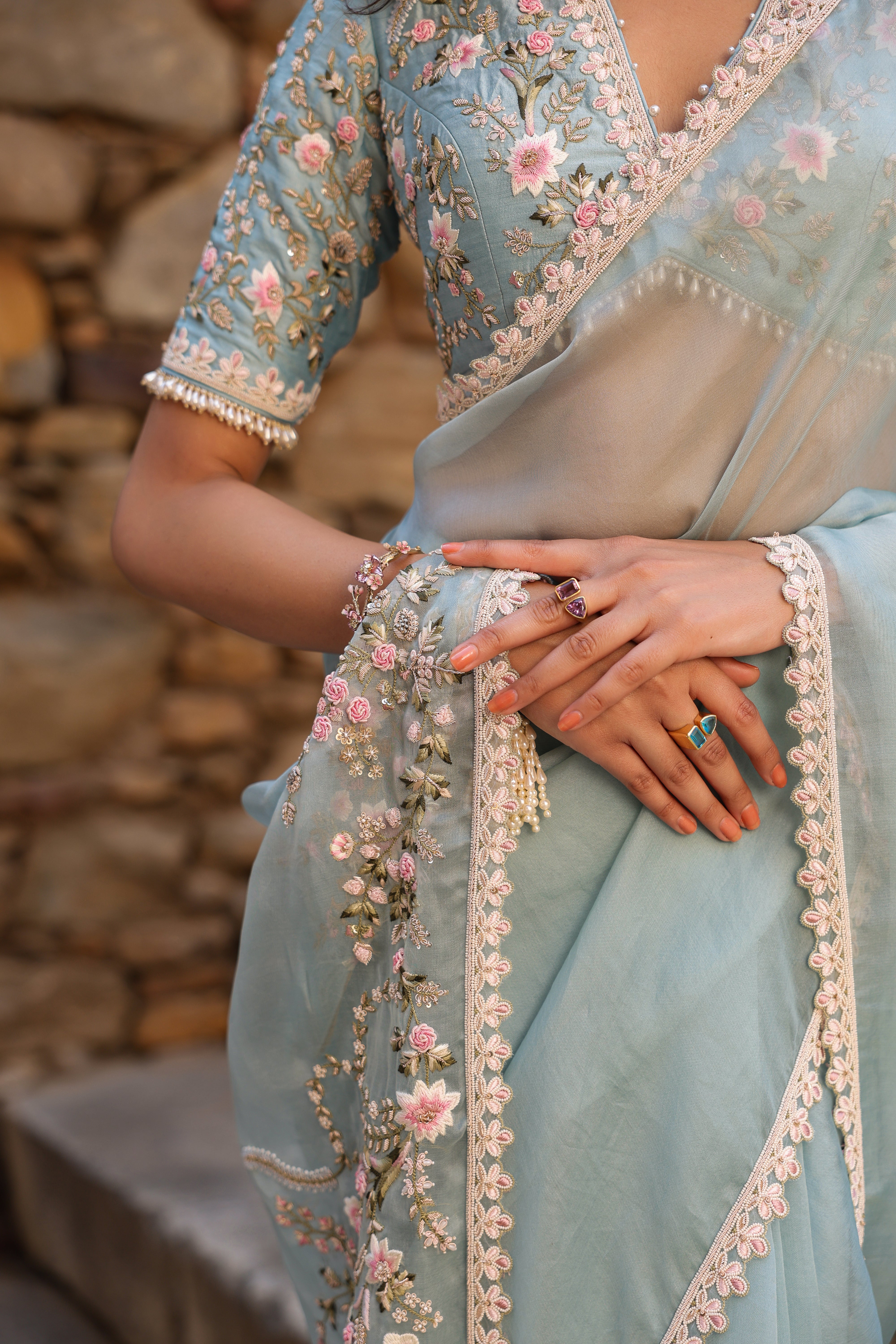 Vaayu Light Blue Phool Patti Saree Set