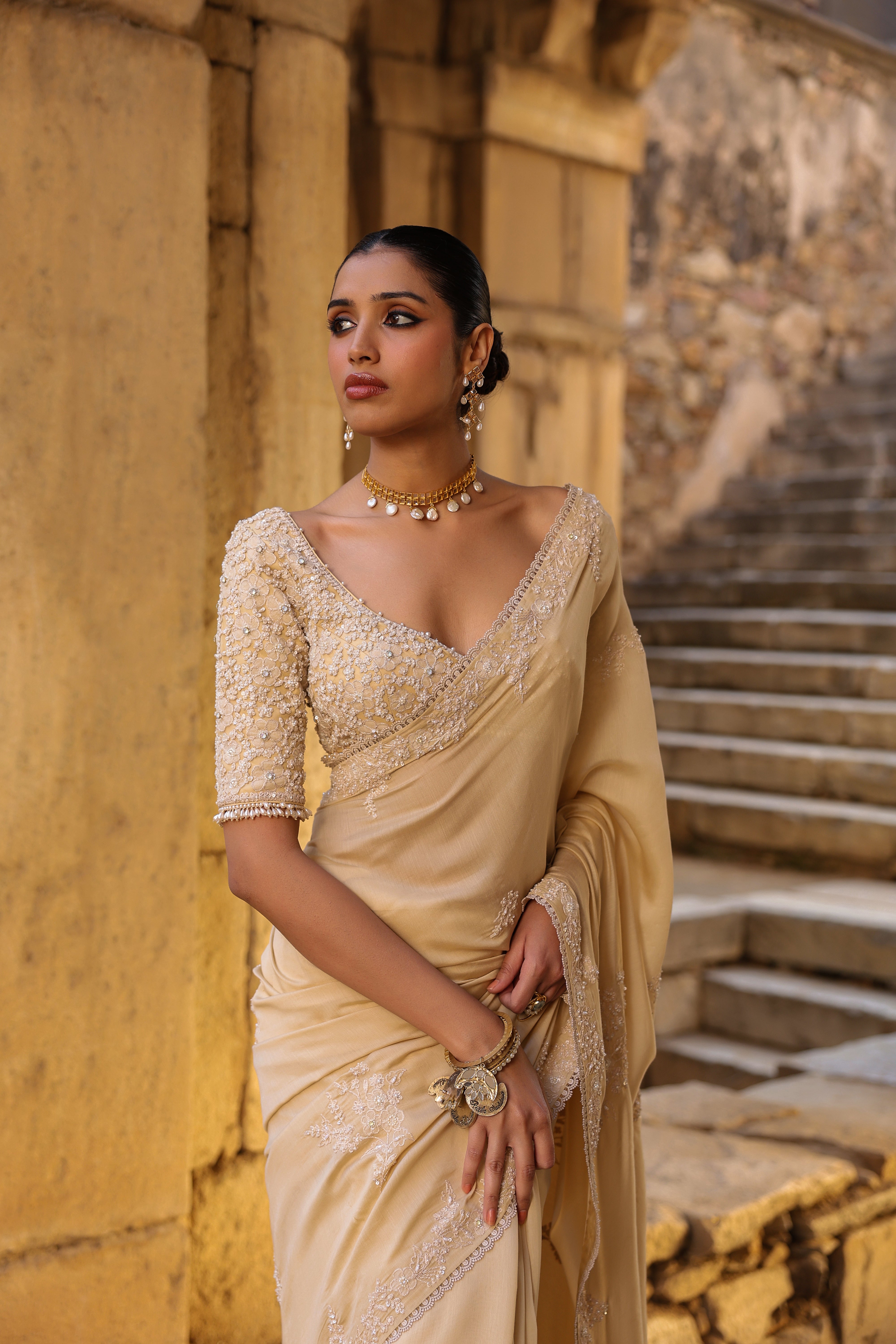 Vaayu Beige Bail Buti Saree Set