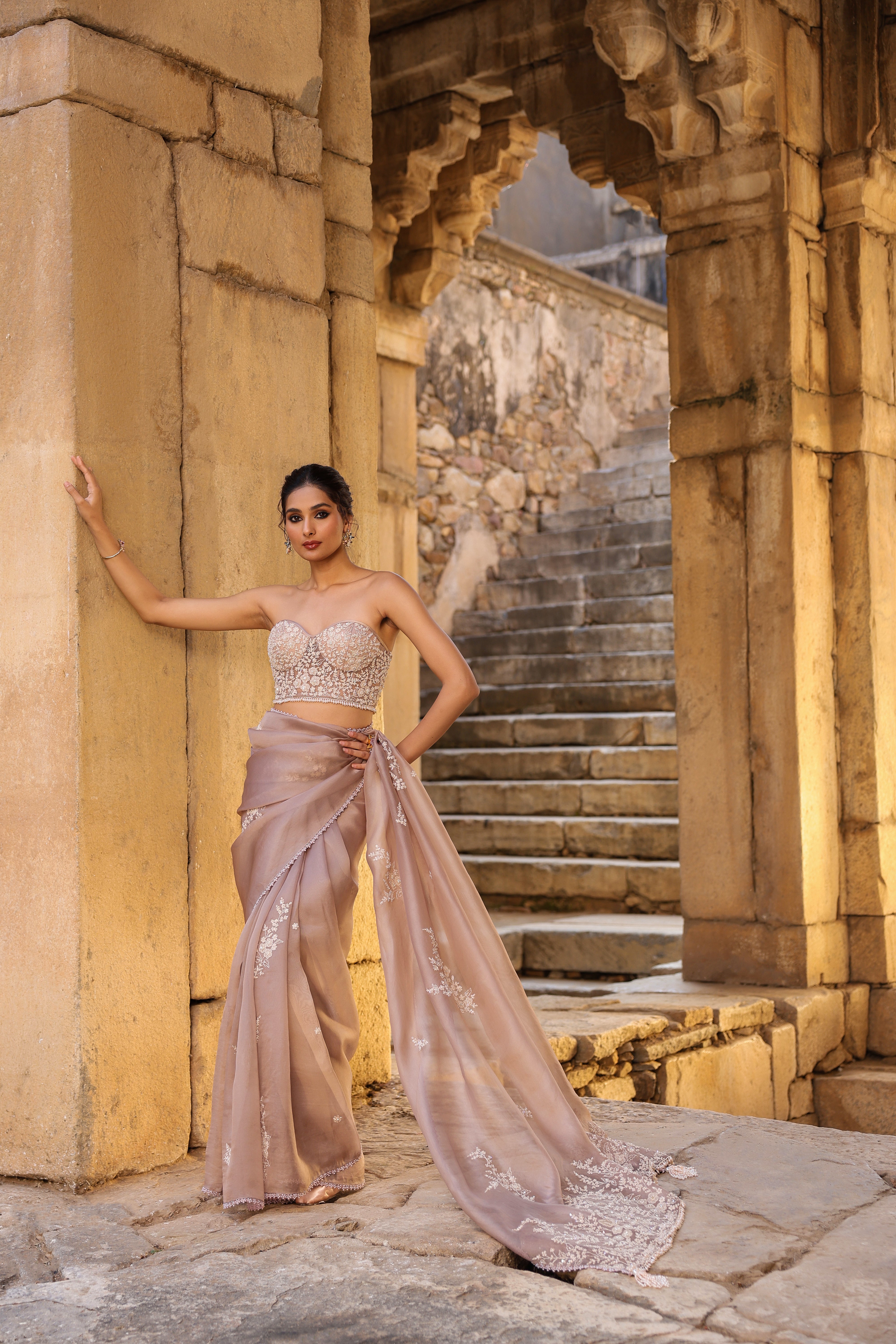 Vaayu Taupe Applique Corset Saree Set