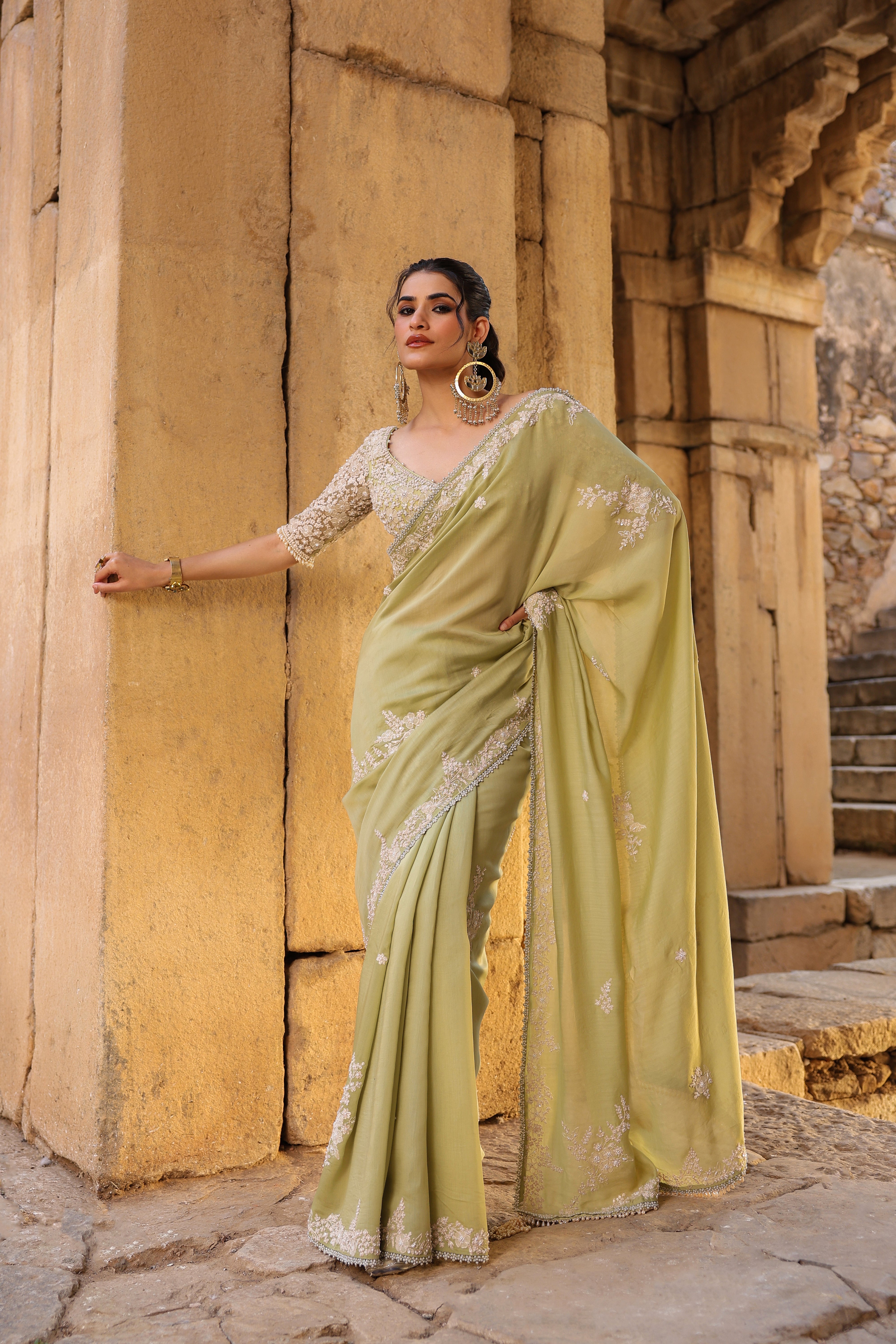 Vaayu Green Bail Buti Saree Set