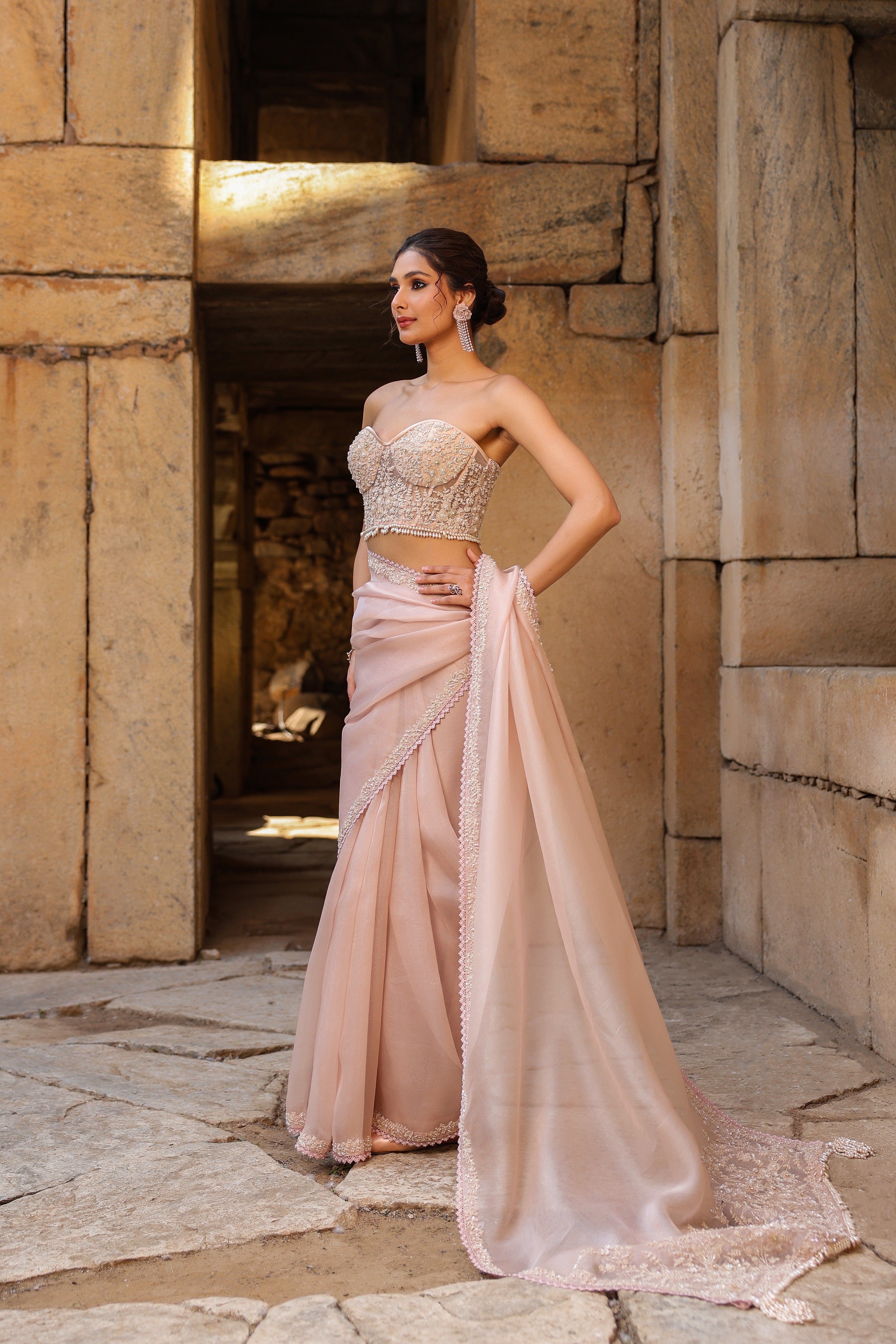 Vaayu Light Pink Corset Saree Set