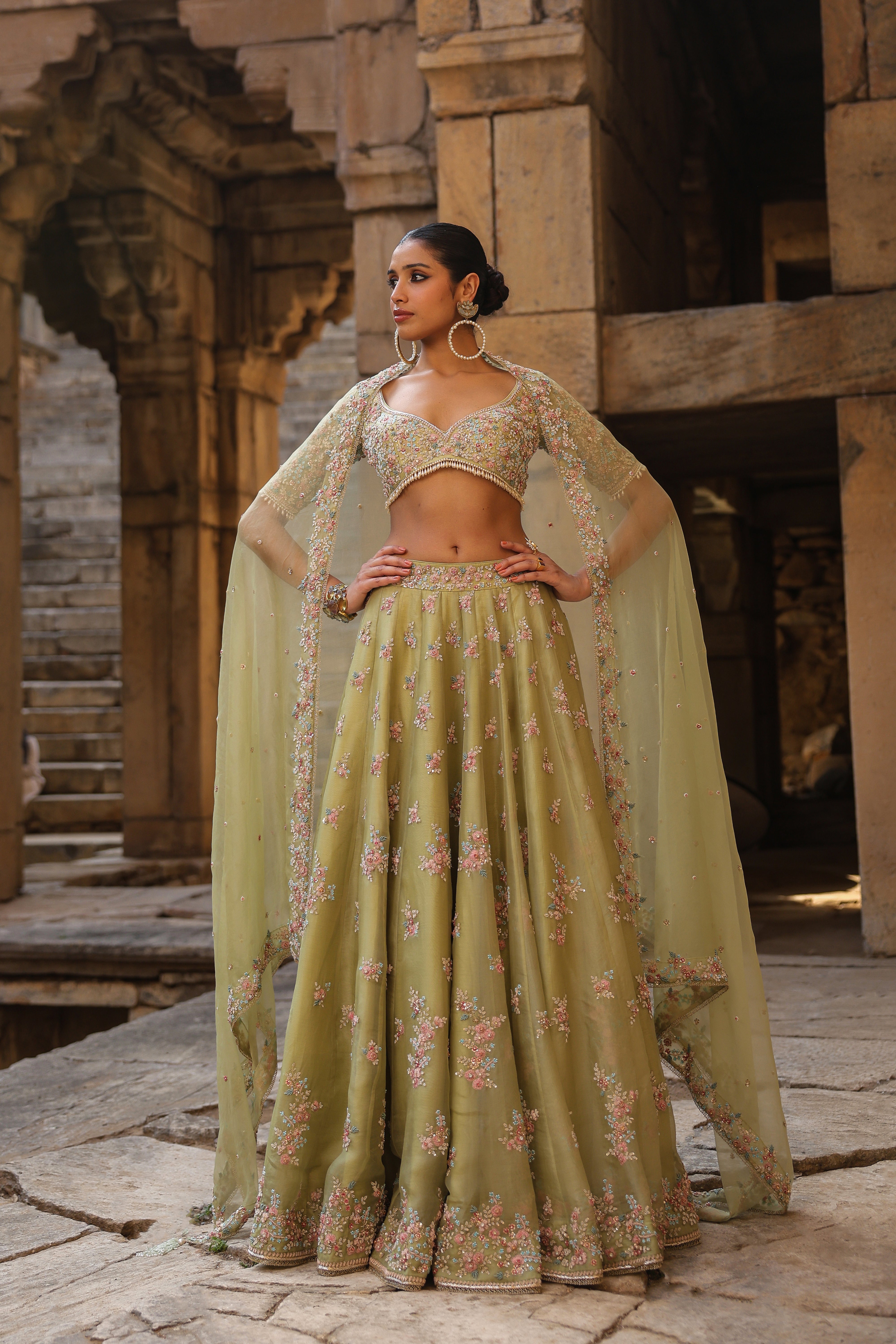 Vaayu Green Multicolor Phool Lehenga Set
