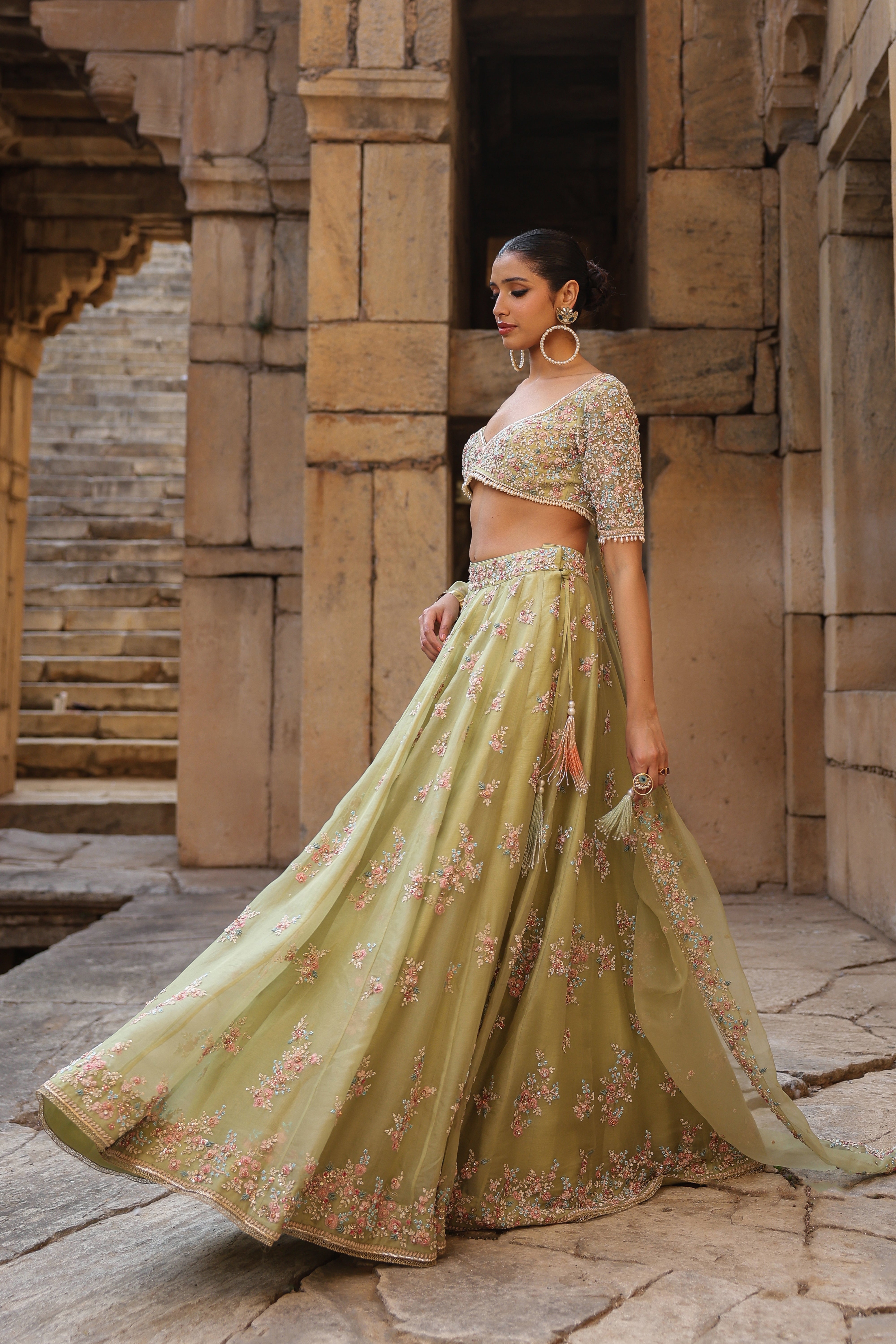 Vaayu Green Multicolor Phool Lehenga Set