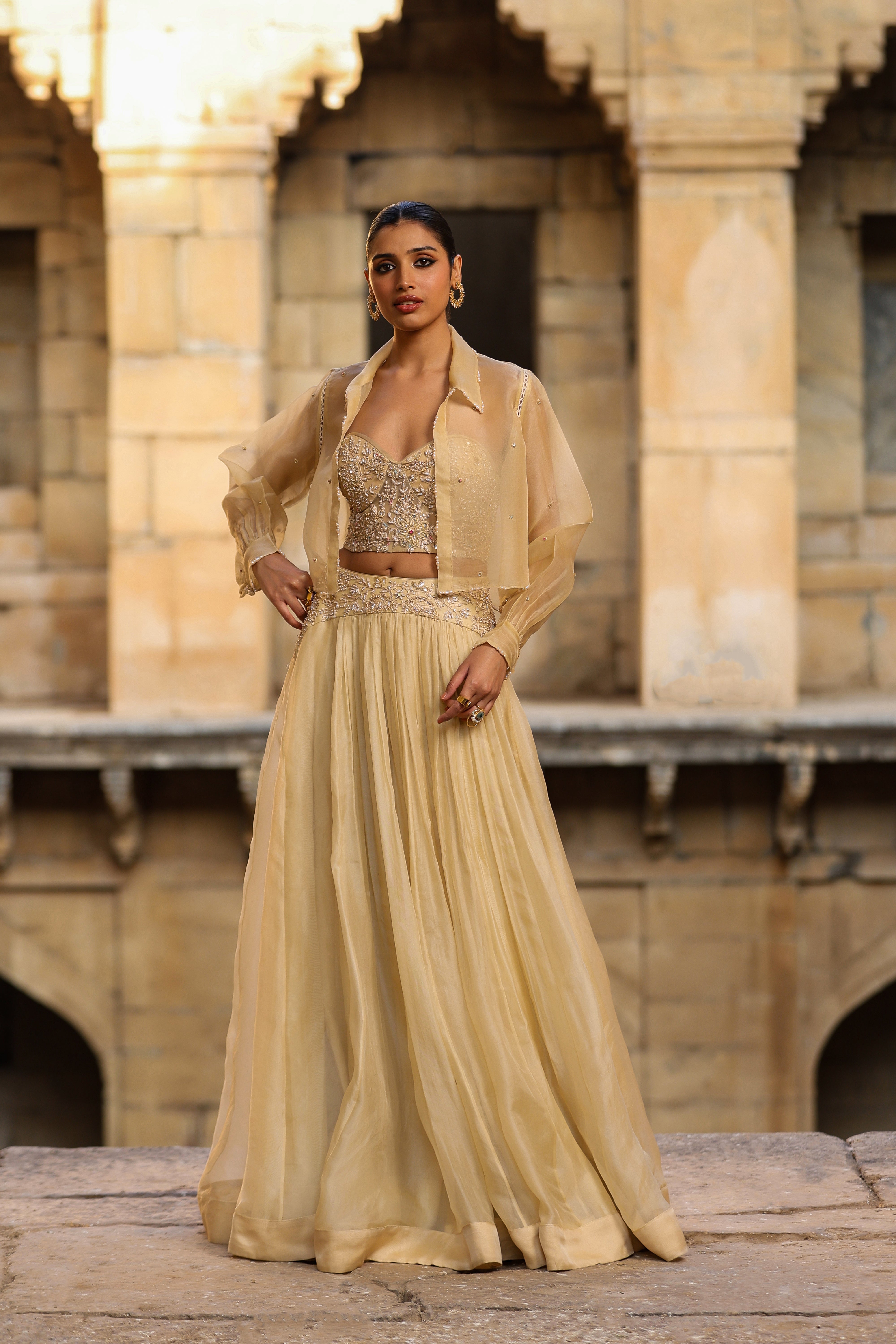 Vaayu Beige Jacket Lehenga Set