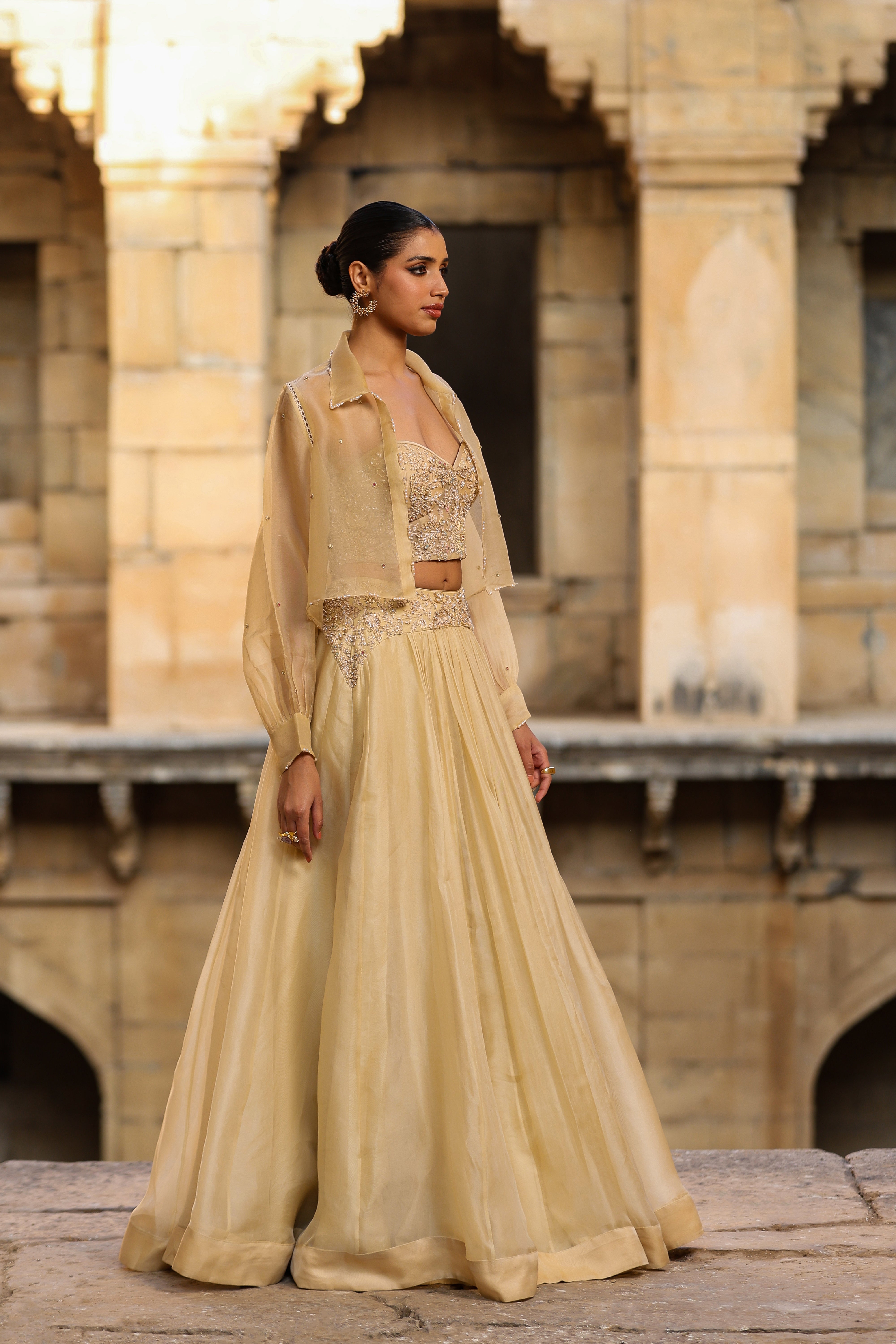 Vaayu Beige Jacket Lehenga Set