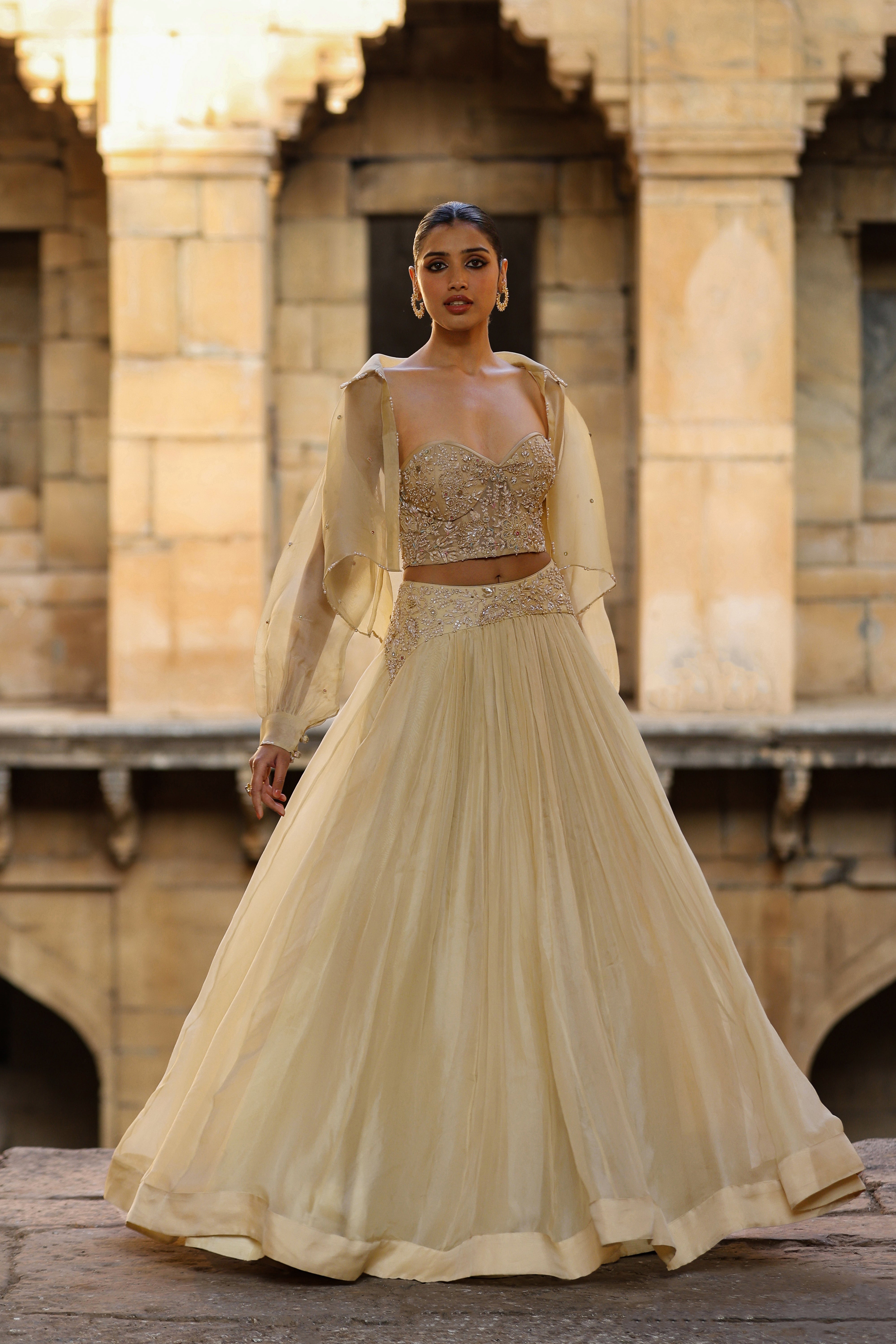 Vaayu Beige Jacket Lehenga Set