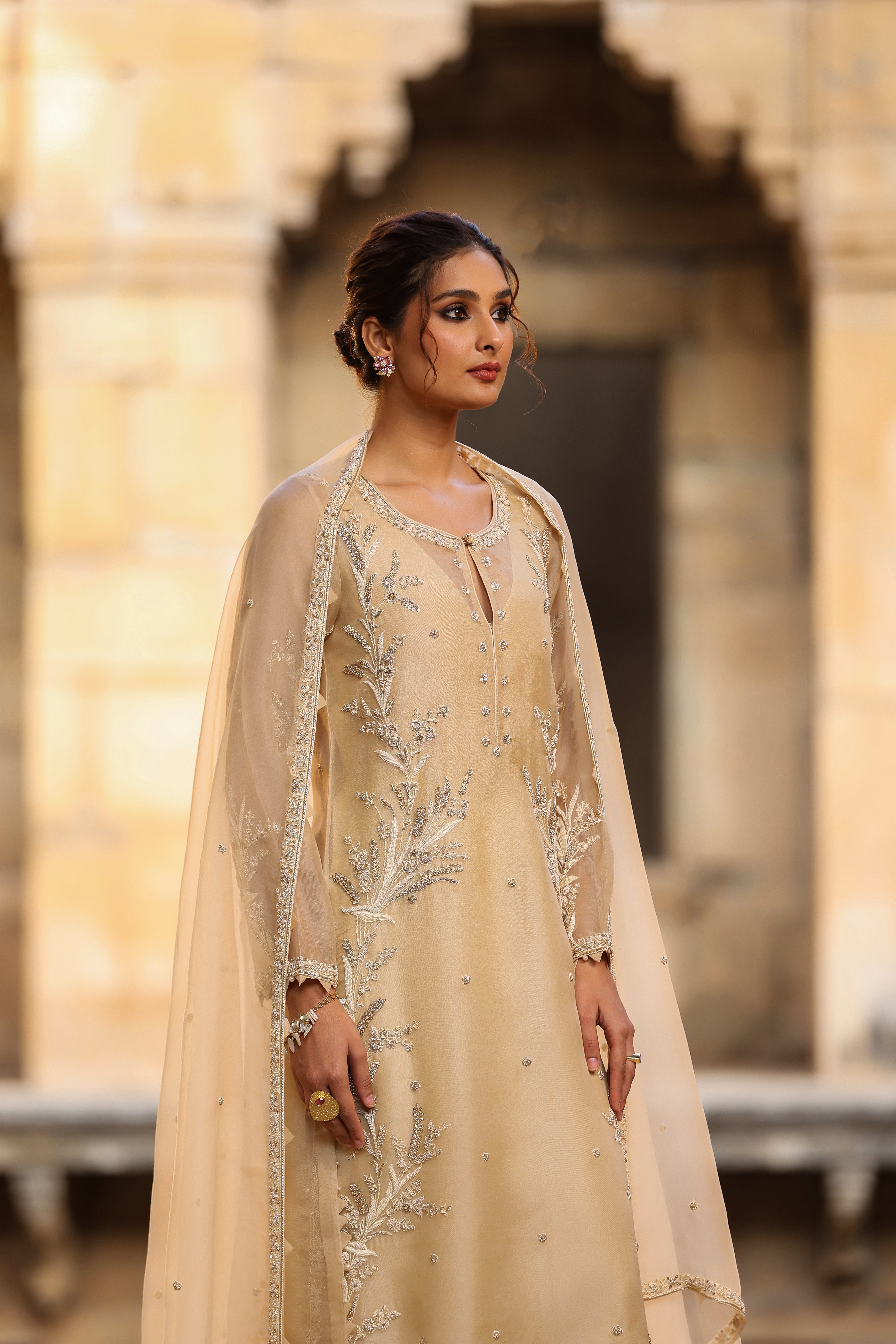 Vaayu Beige Phool Patti Kurta Set