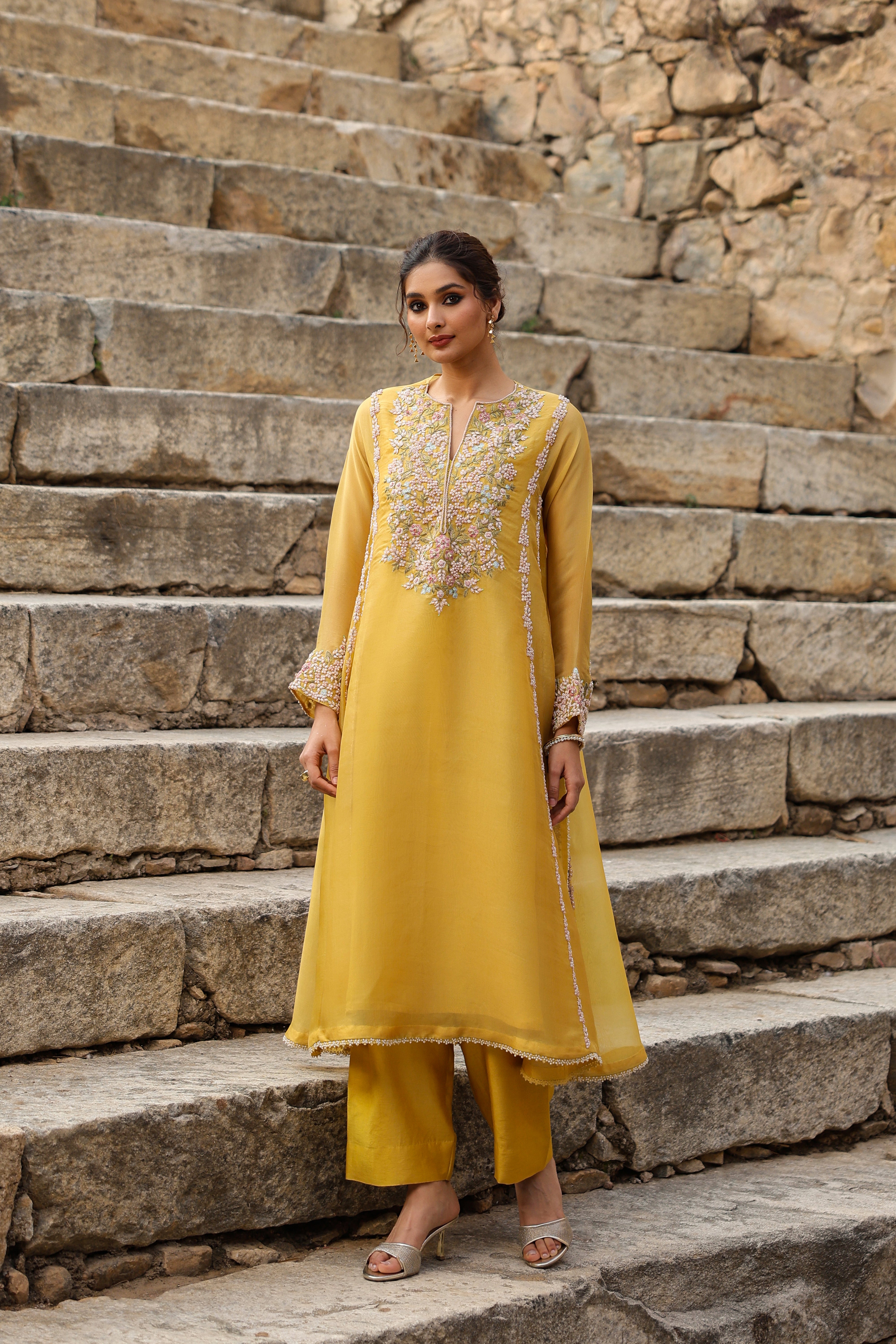 Vaayu Yellow Heavy Pheran Kurta Set