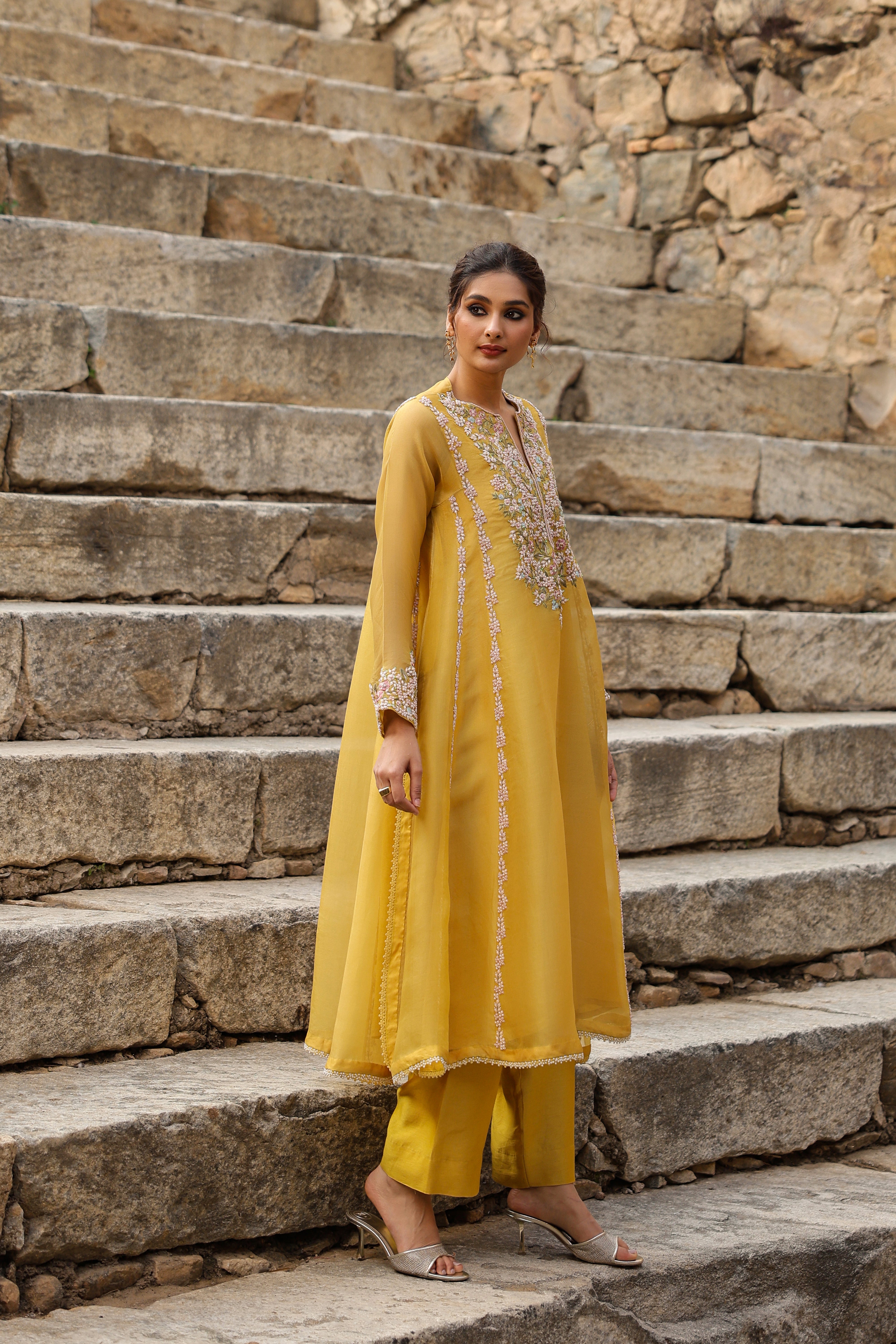 Vaayu Yellow Heavy Pheran Kurta Set