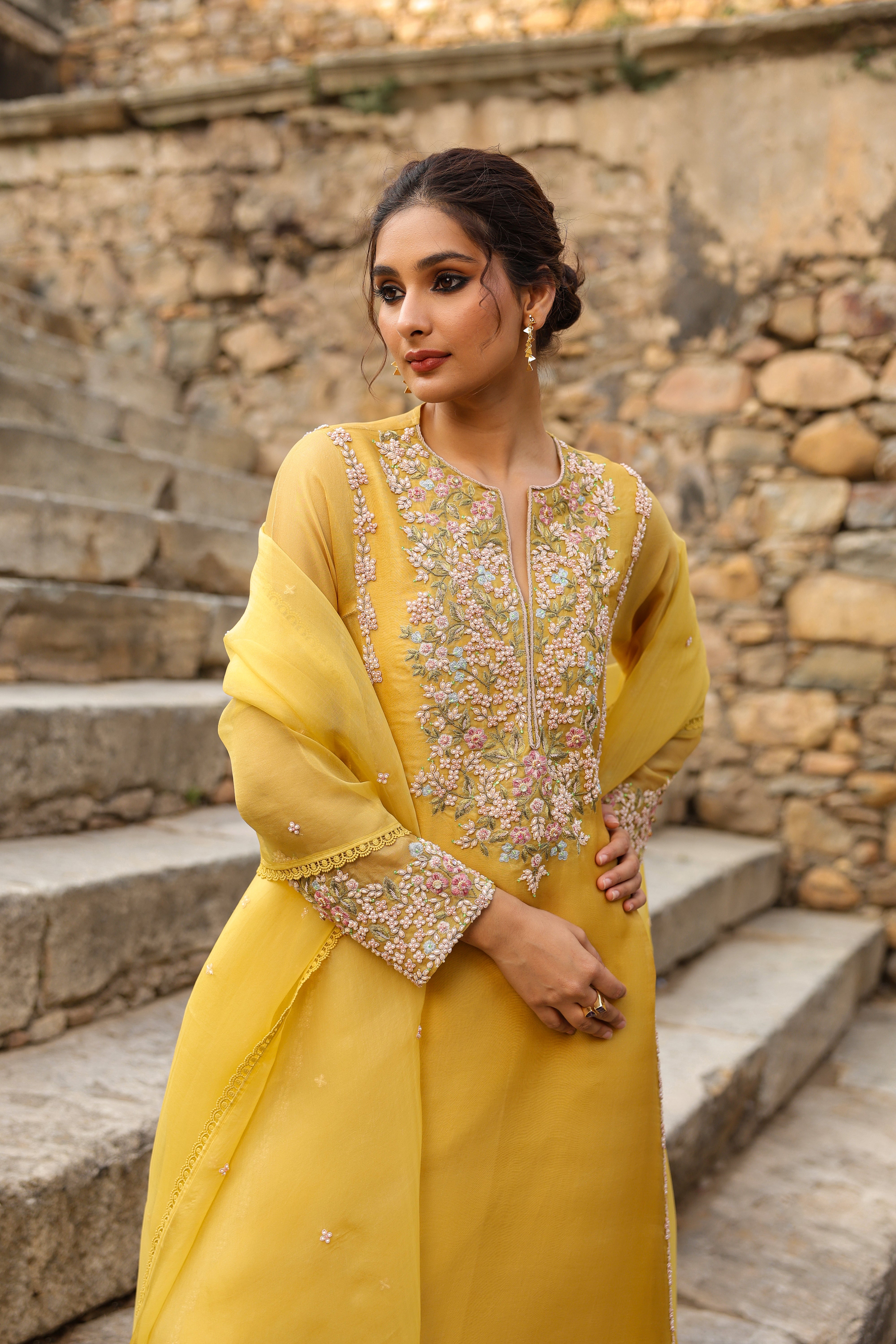 Vaayu Yellow Heavy Pheran Kurta Set