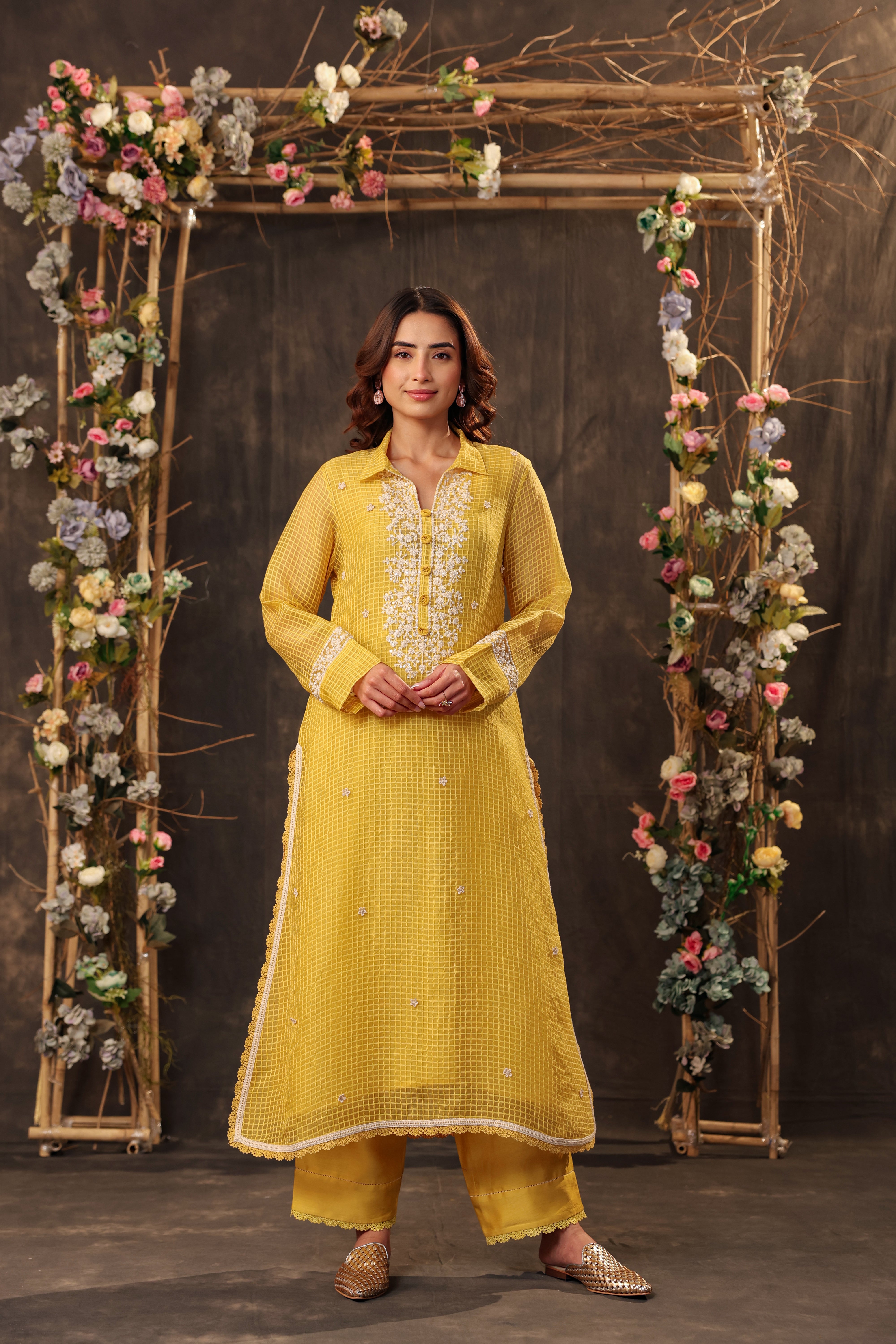 Vaayu Yellow Collar Kurta Set
