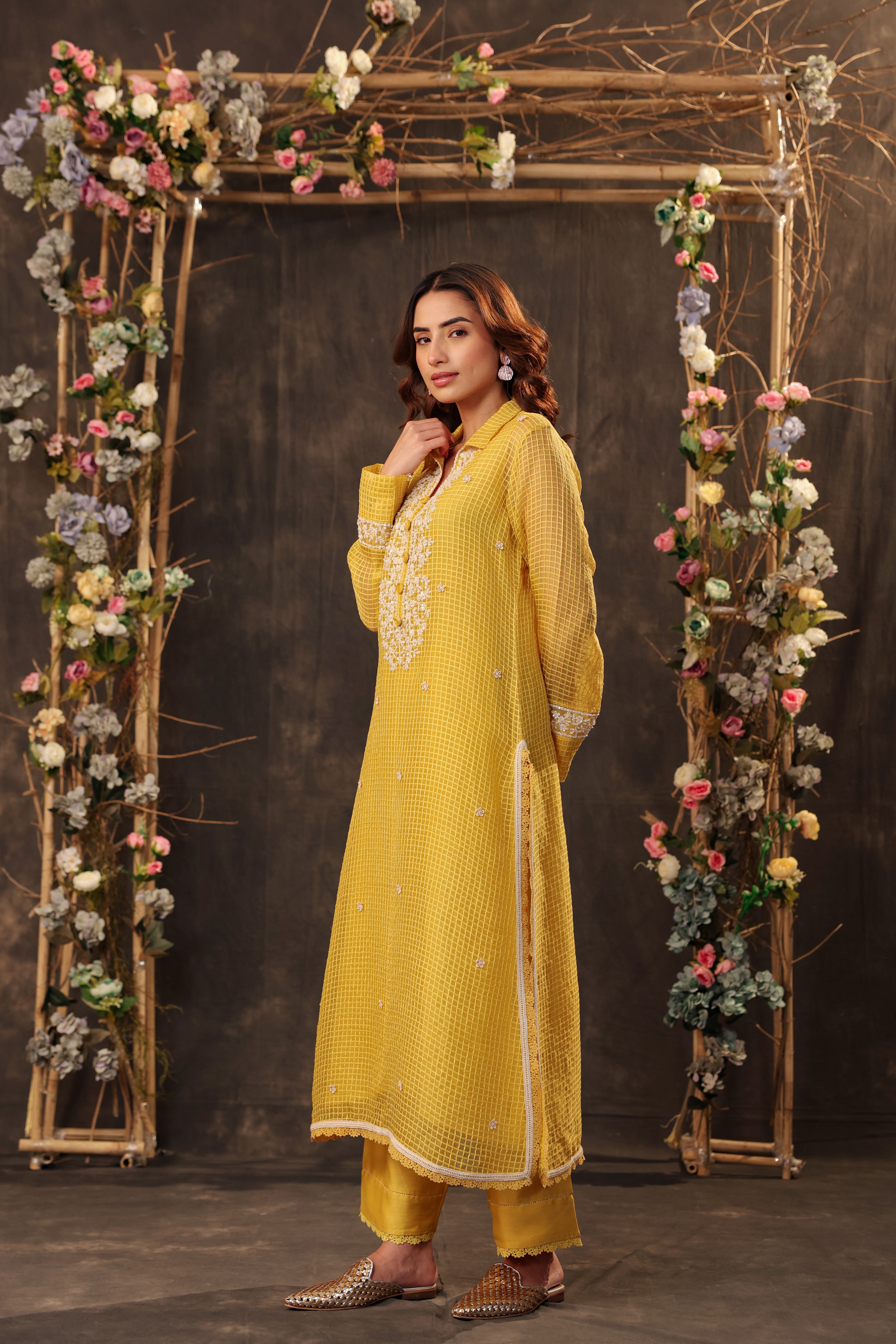Vaayu Yellow Collar Kurta Set