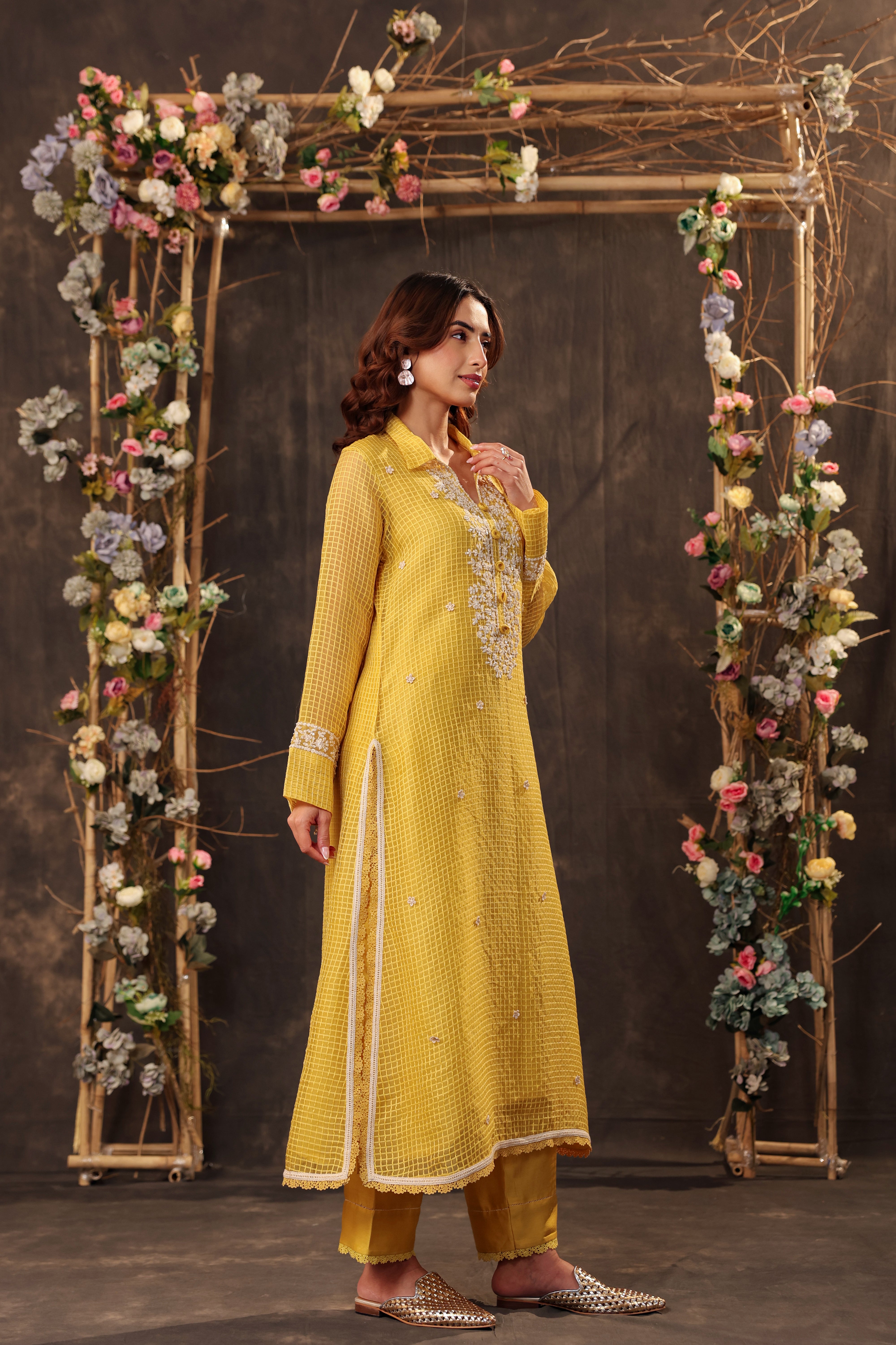 Vaayu Yellow Collar Kurta Set
