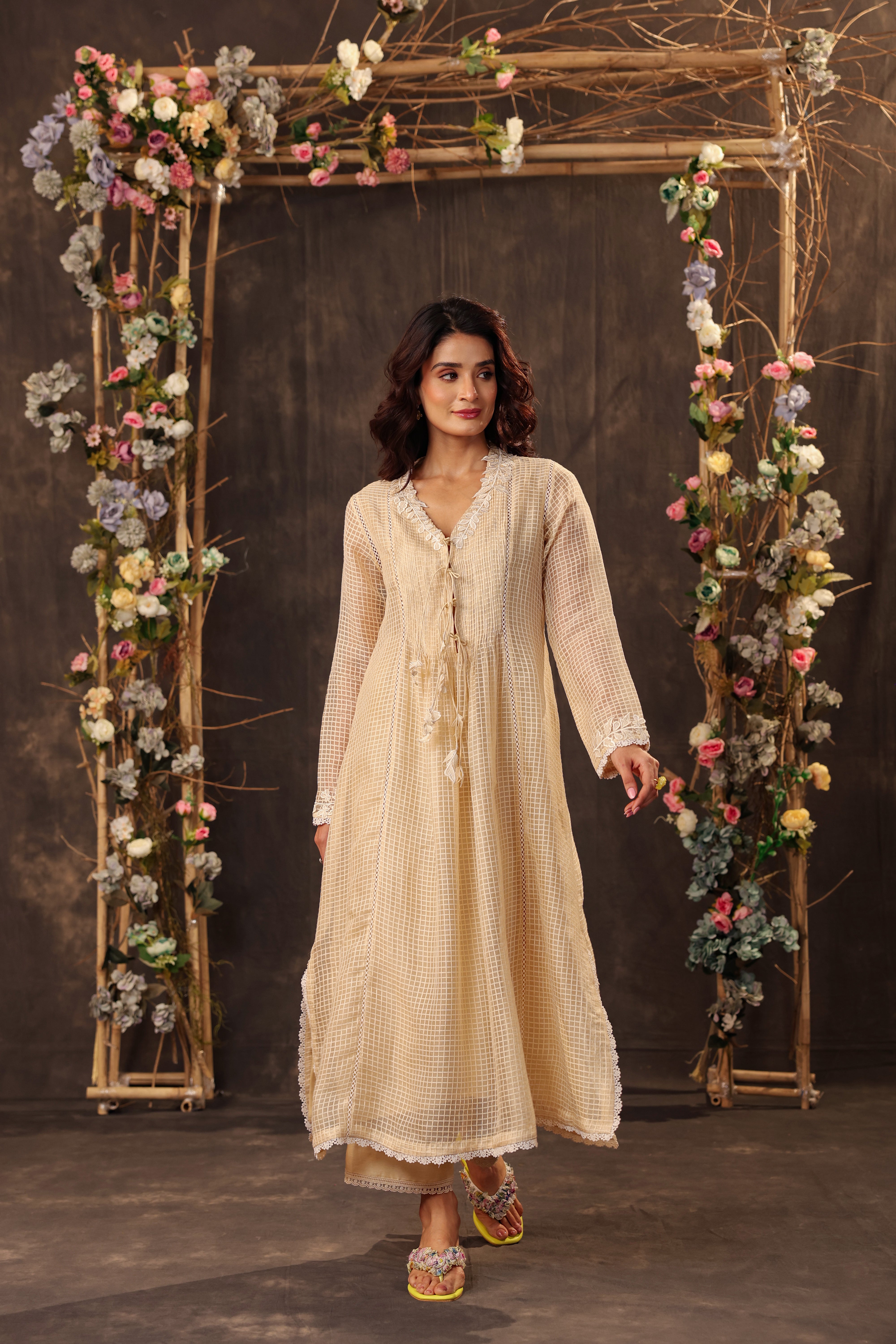 Vaayu Beige Tie-up Kurta Set