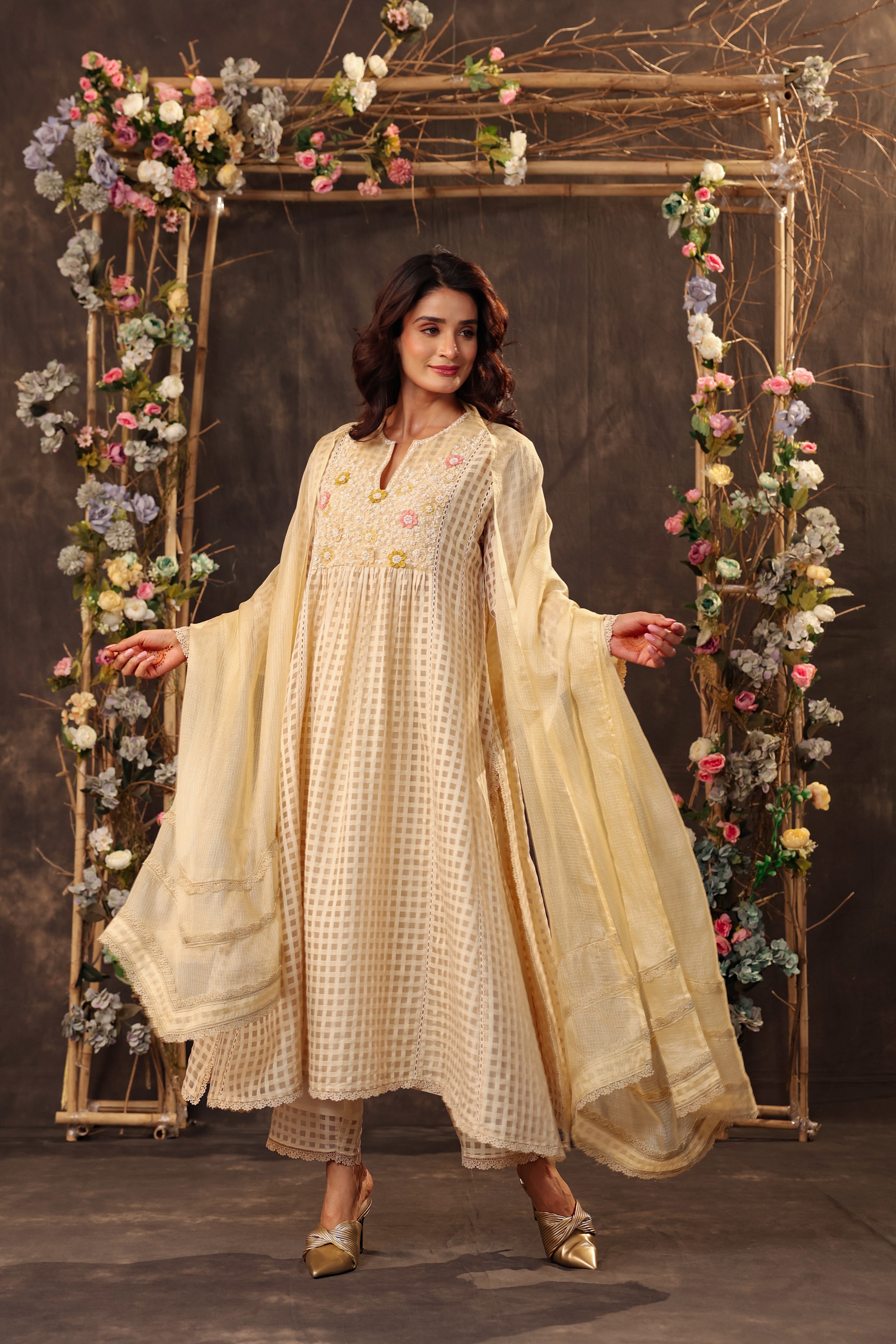 Vaayu Beige Panelled Kalidar Set