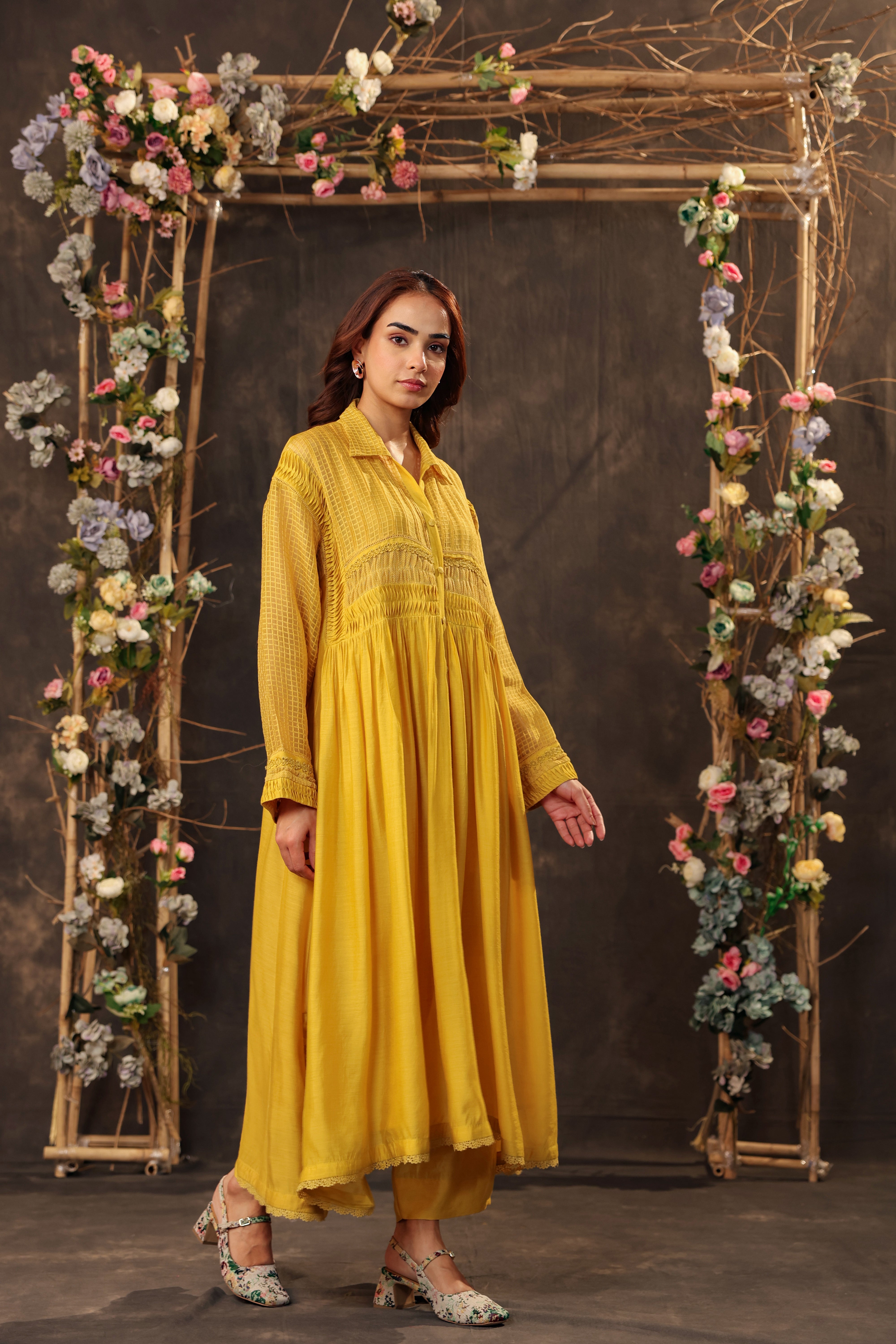 Vaayu Yellow Pintuck Collar Kurta Set