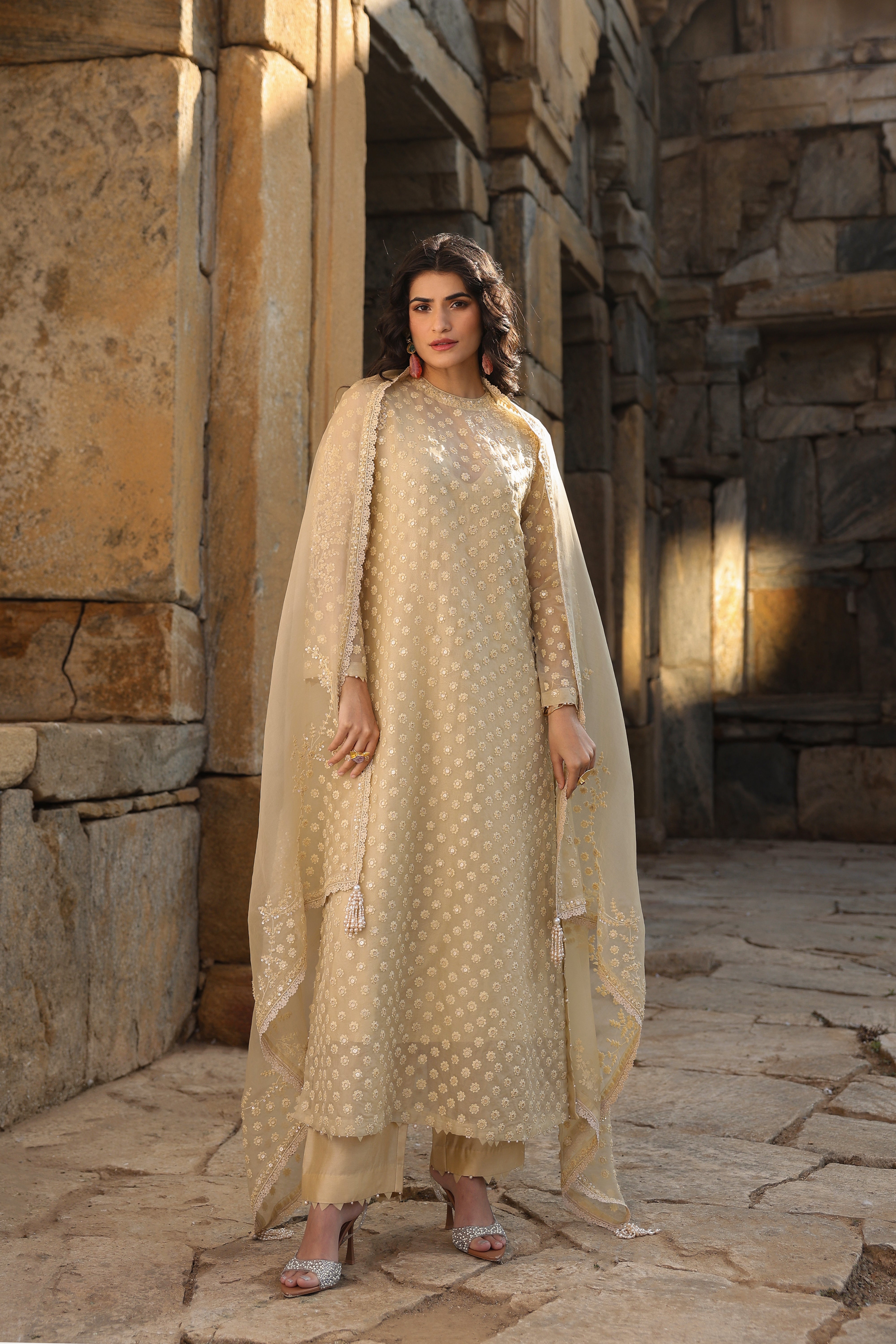 Vaayu Beige Buti Close Neck Kurta Set