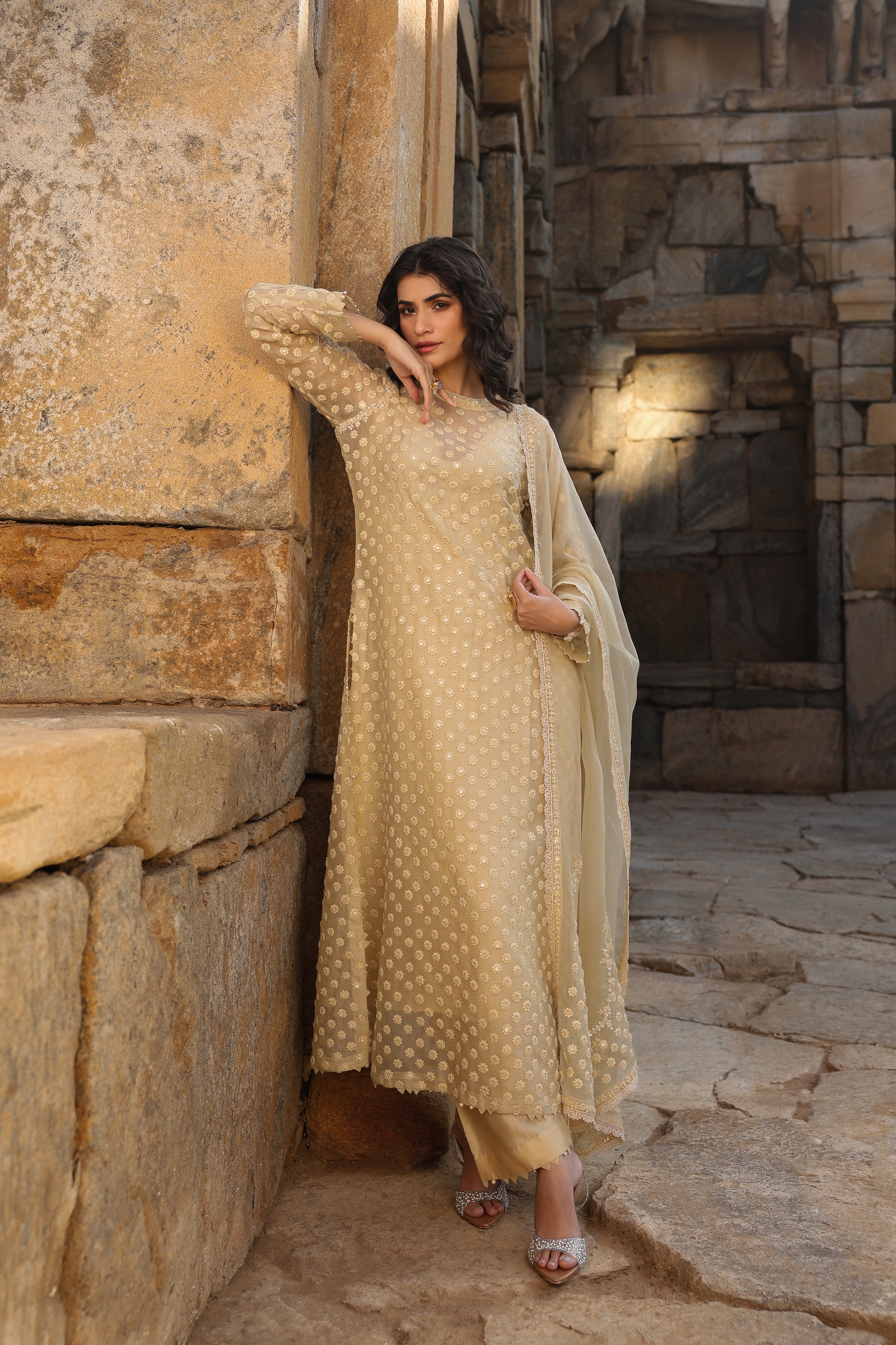 Vaayu Beige Buti Close Neck Kurta Set
