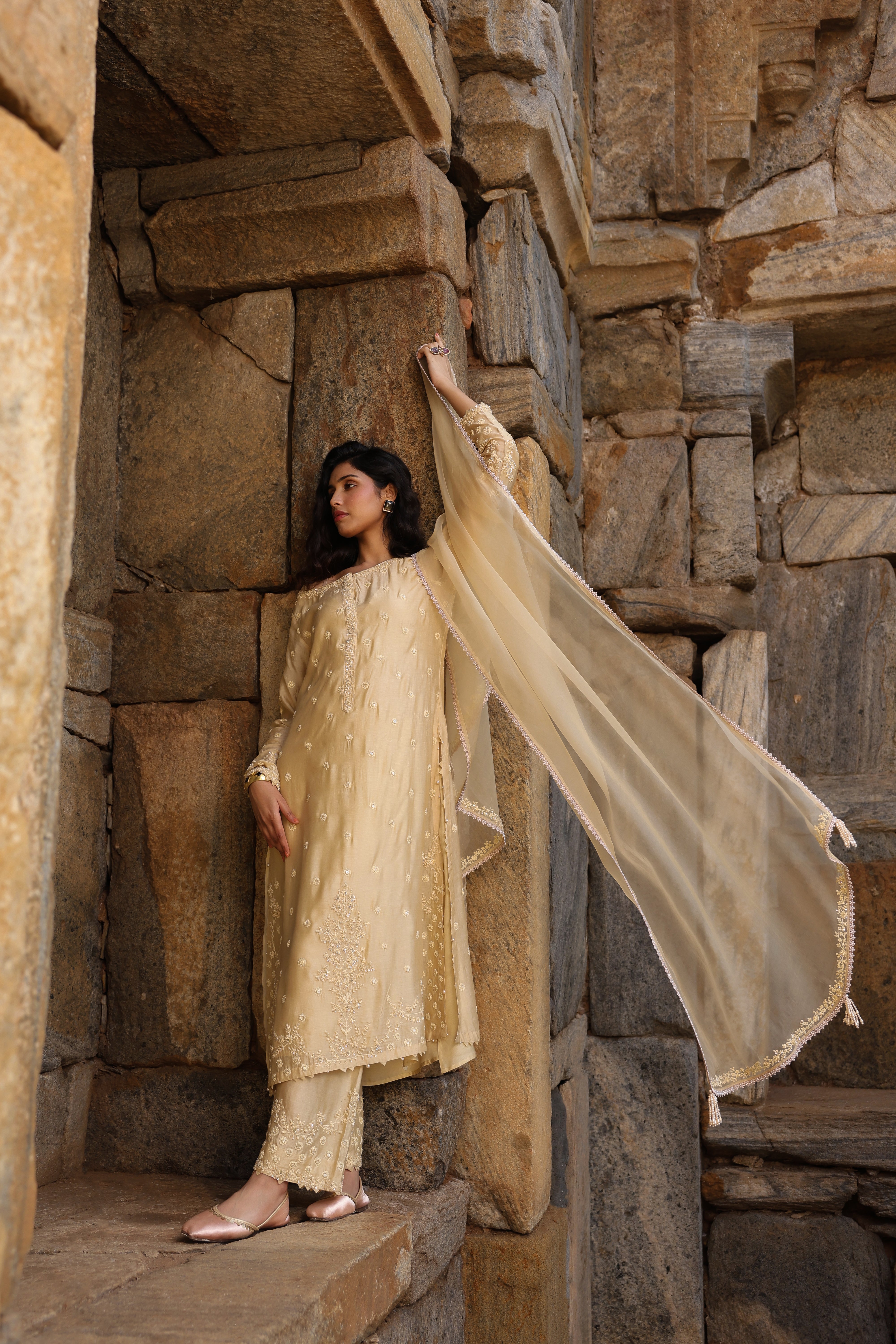 Vaayu Beige Light Buti Kurta Set