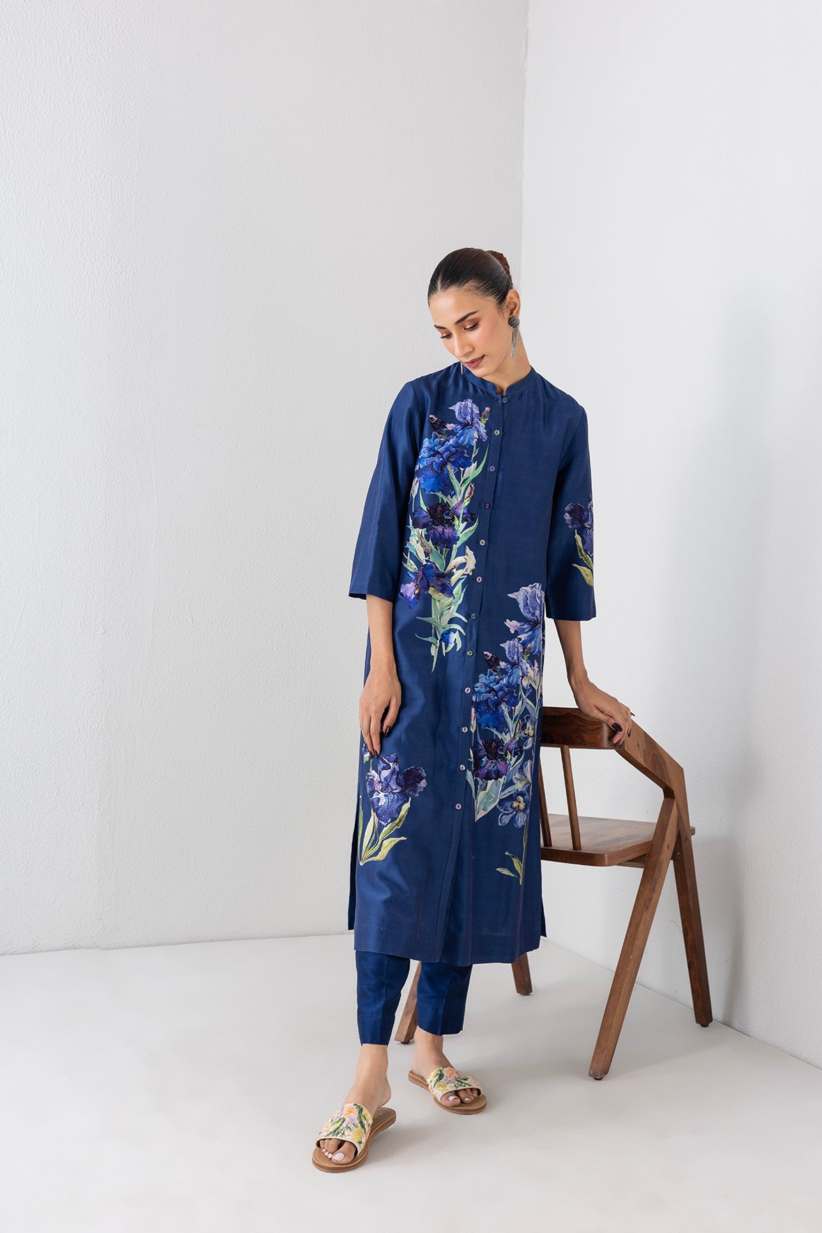 Midnight Indigo Silk Chanderi Floral Printed Tunic