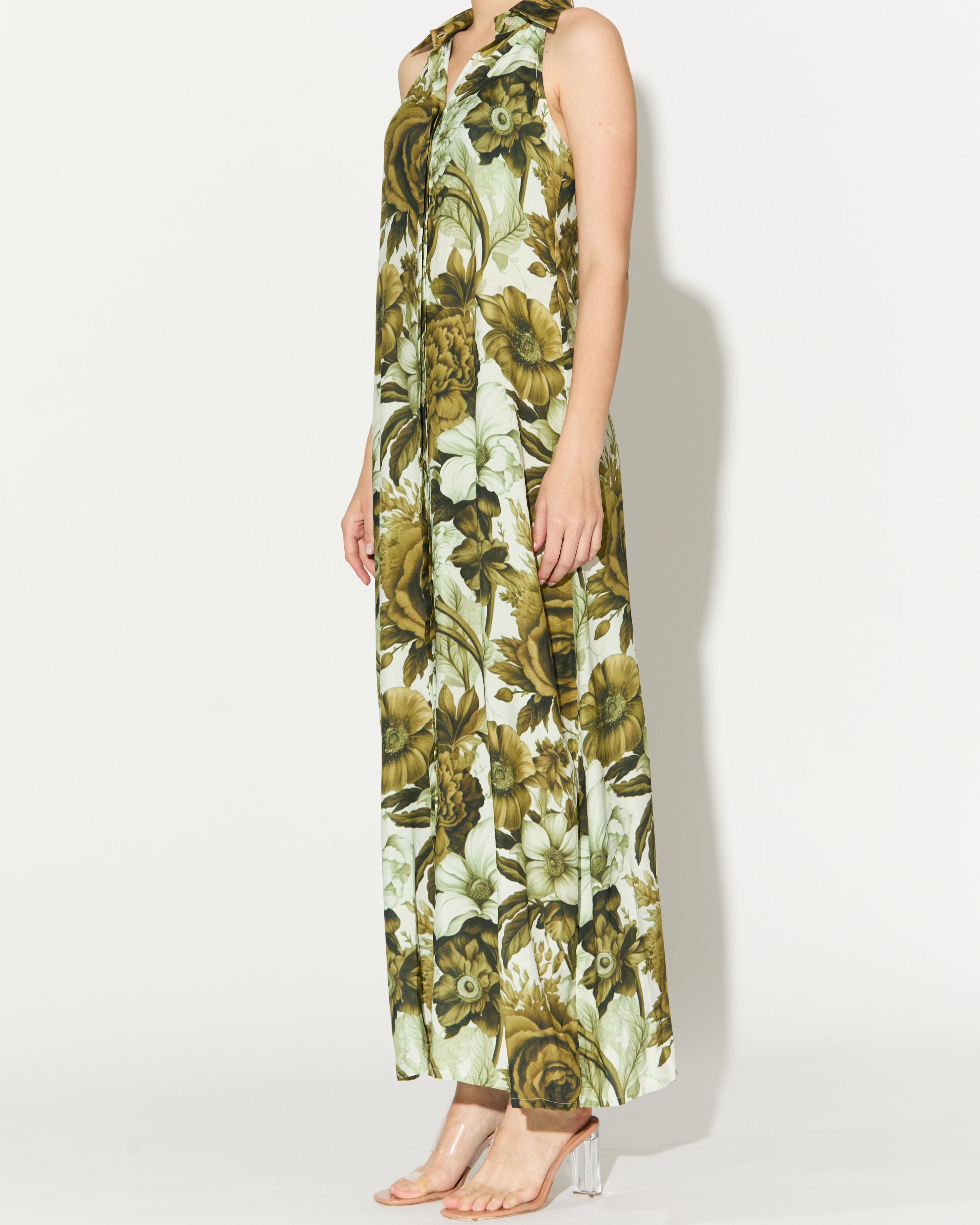 CREAM AND OLIVE FLORAL SLEEVELESS SHIRT DRESS