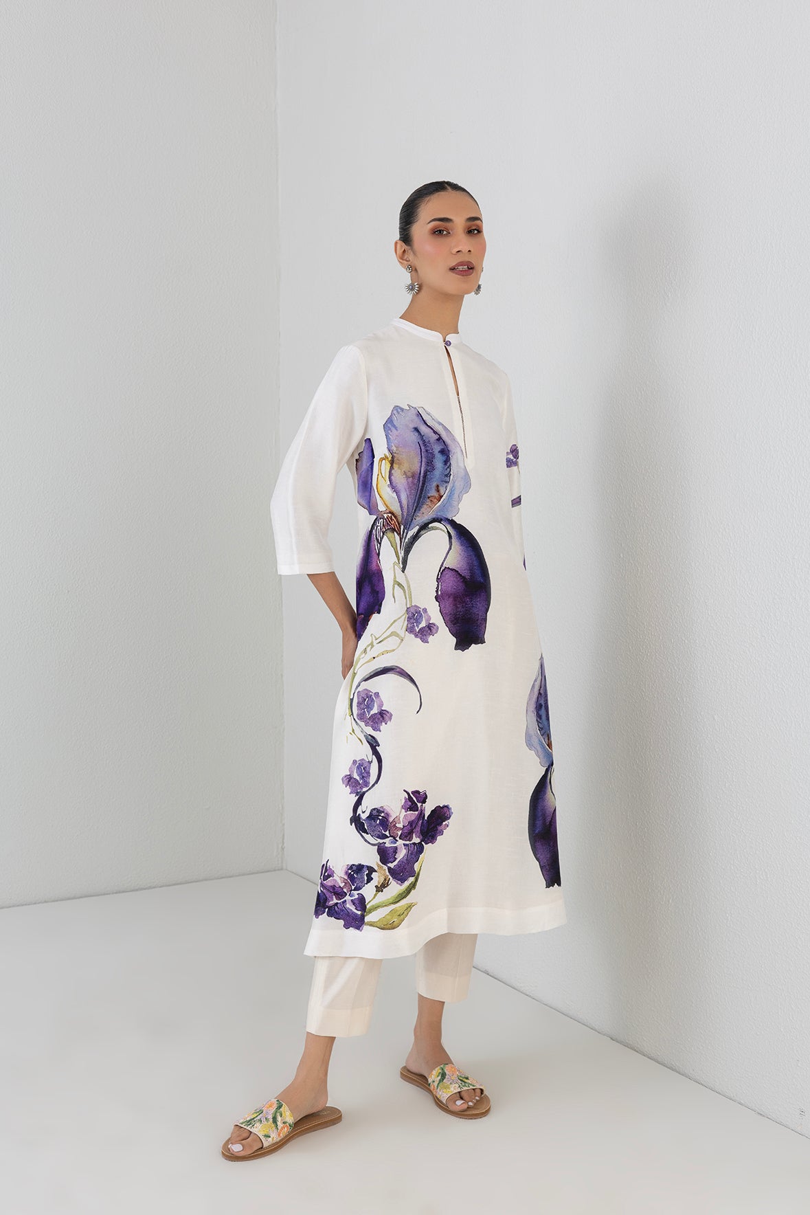 Pearl Ivory Dupion Iris Lily Printed Tunic
