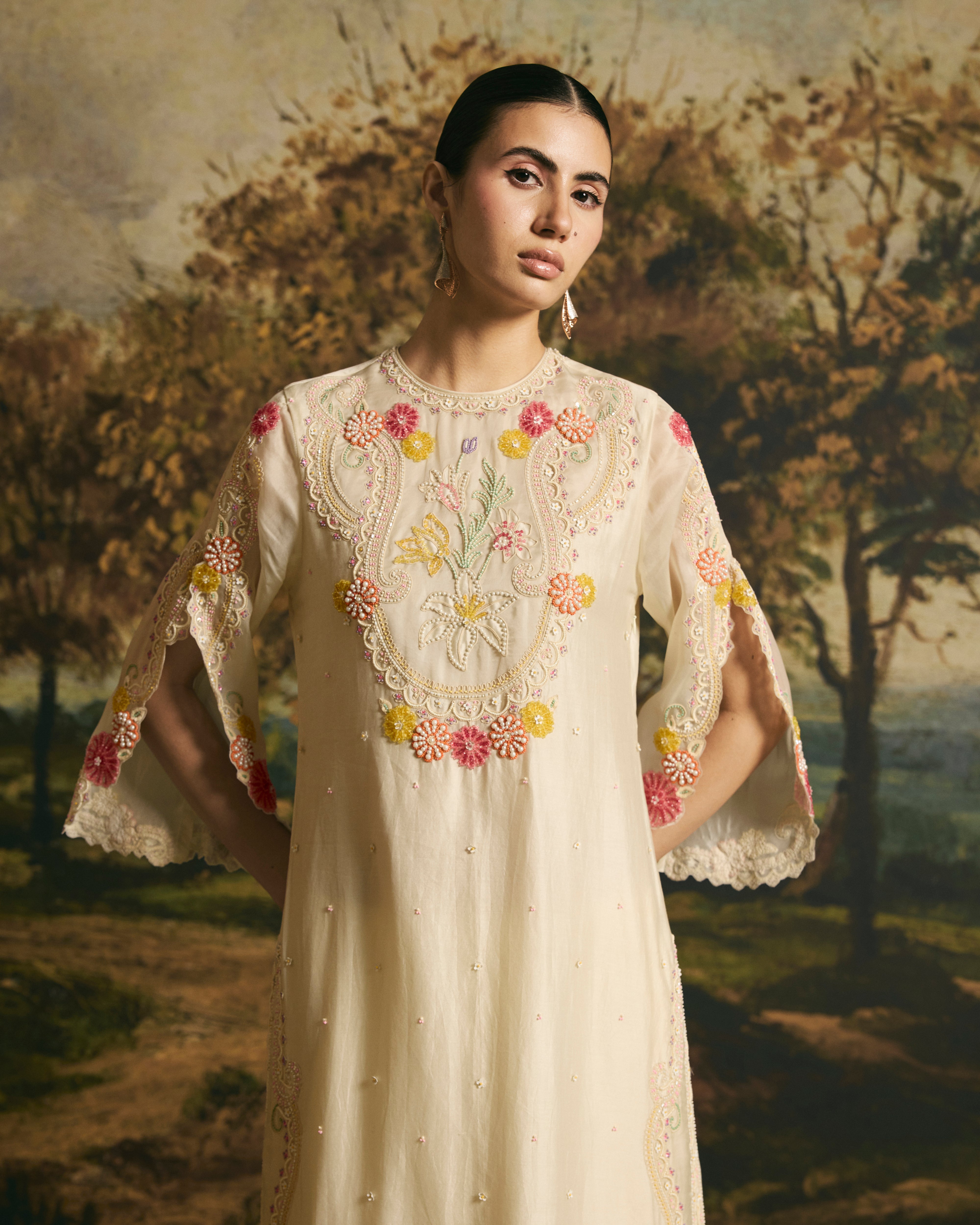 IVORY BEADWORK PANELLED KURTA WITH PANTS