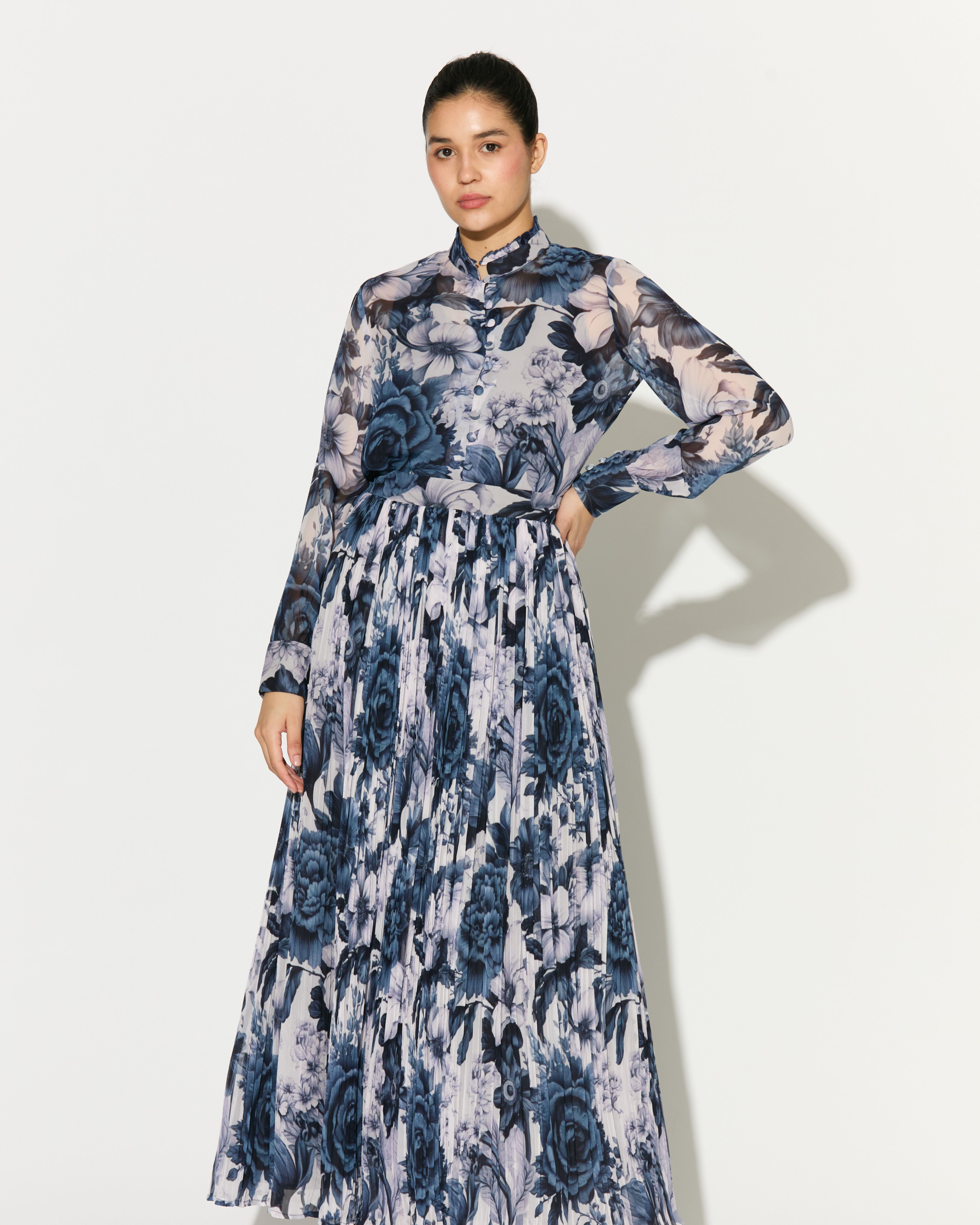 WHITE AND BLUE FLORAL FRILL COLLAR SHIRT