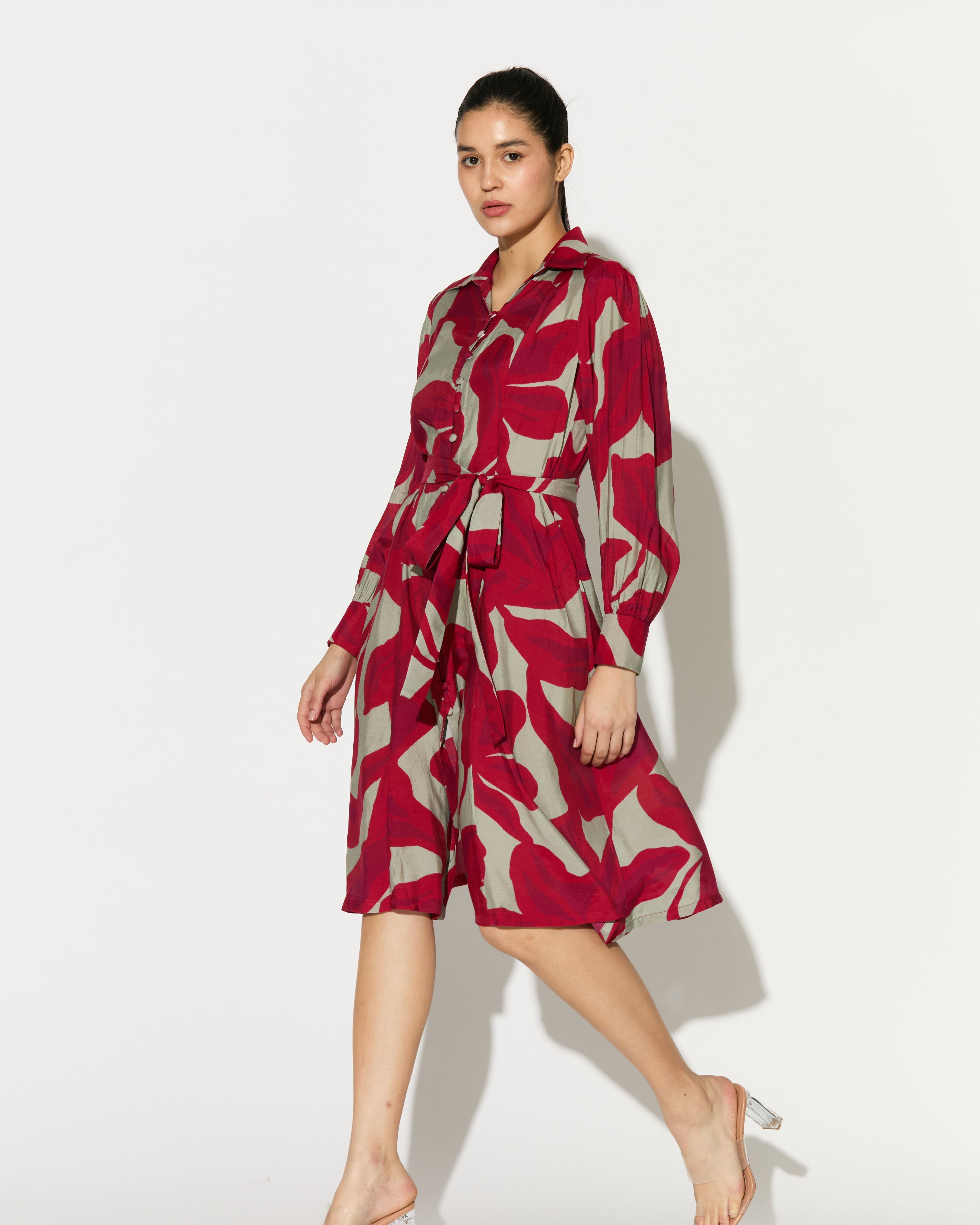 BEIGE AND HOT PINK FLORAL SHIRT DRESS